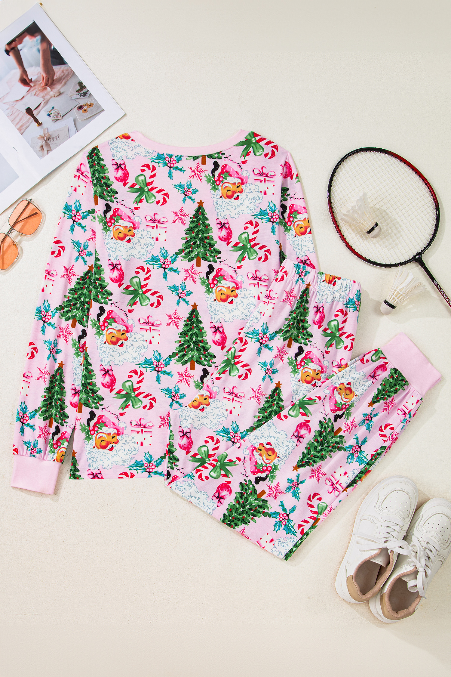 White Christmas Pattern Button V Neck Pullover Drawstring Pants 2pcs Lounge Set
