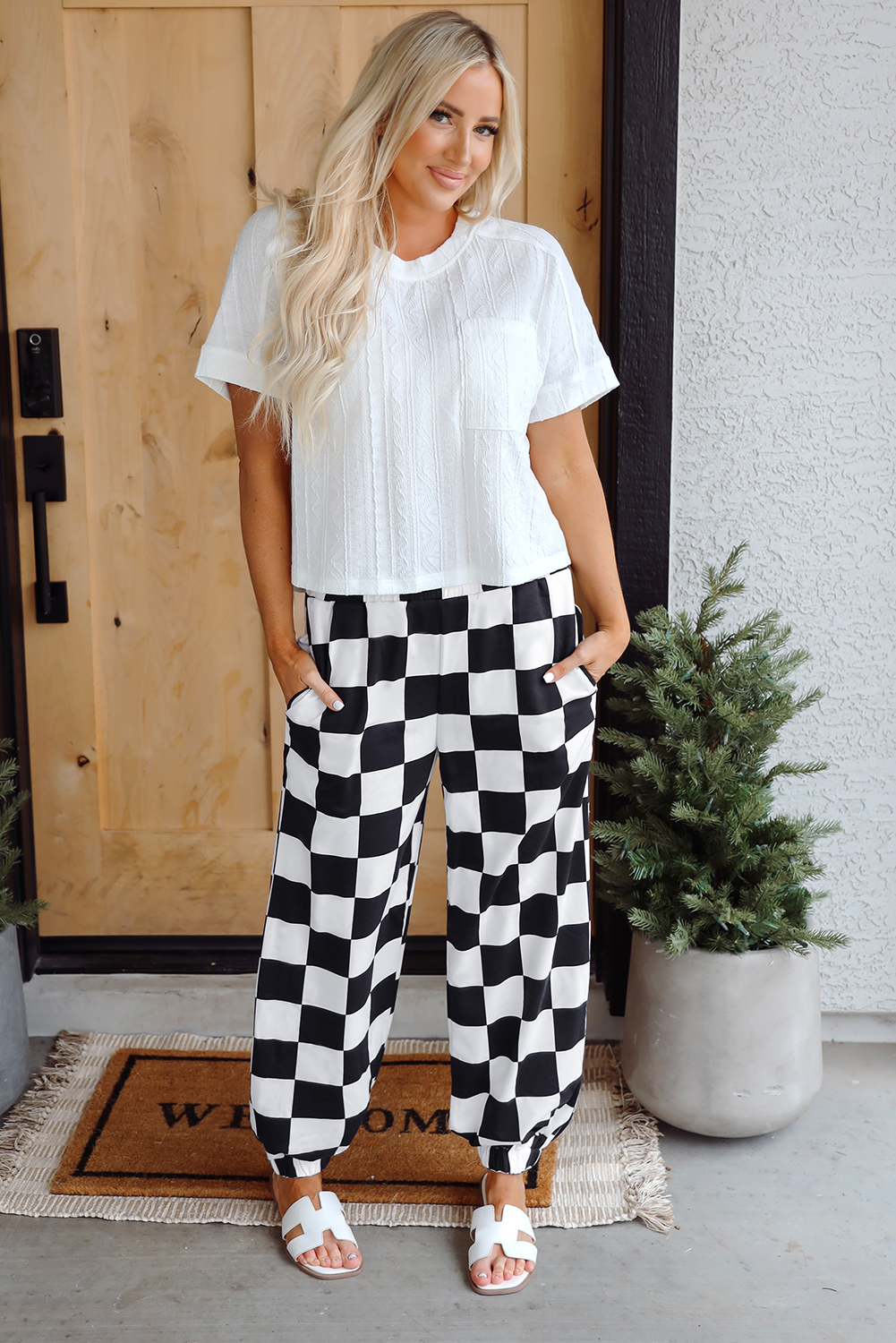 Black 2-Tone Checked Print High Waist Wide Leg Pants