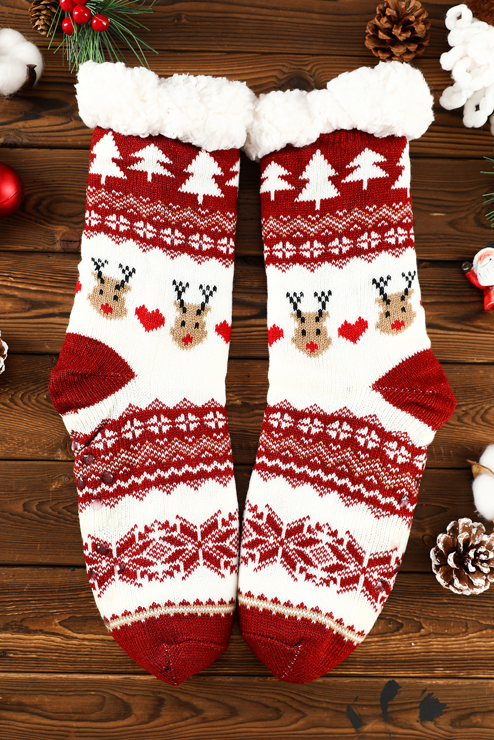 Fiery Red Christmas Cartoon Pattern Woolen Knit Socks