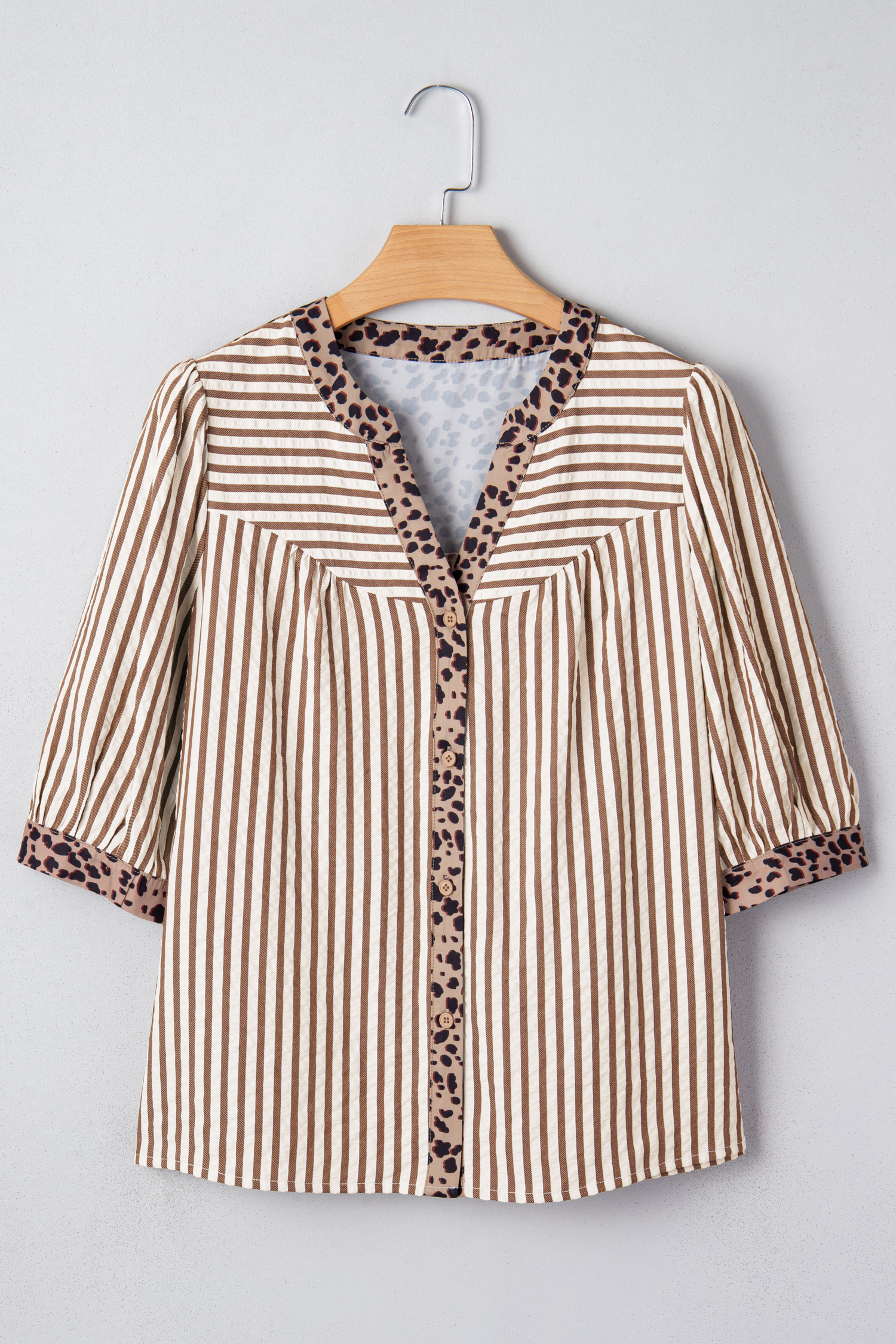 Sky Blue Stripe Leopard Trim V Neck Button Down Half Sleeve Shirt