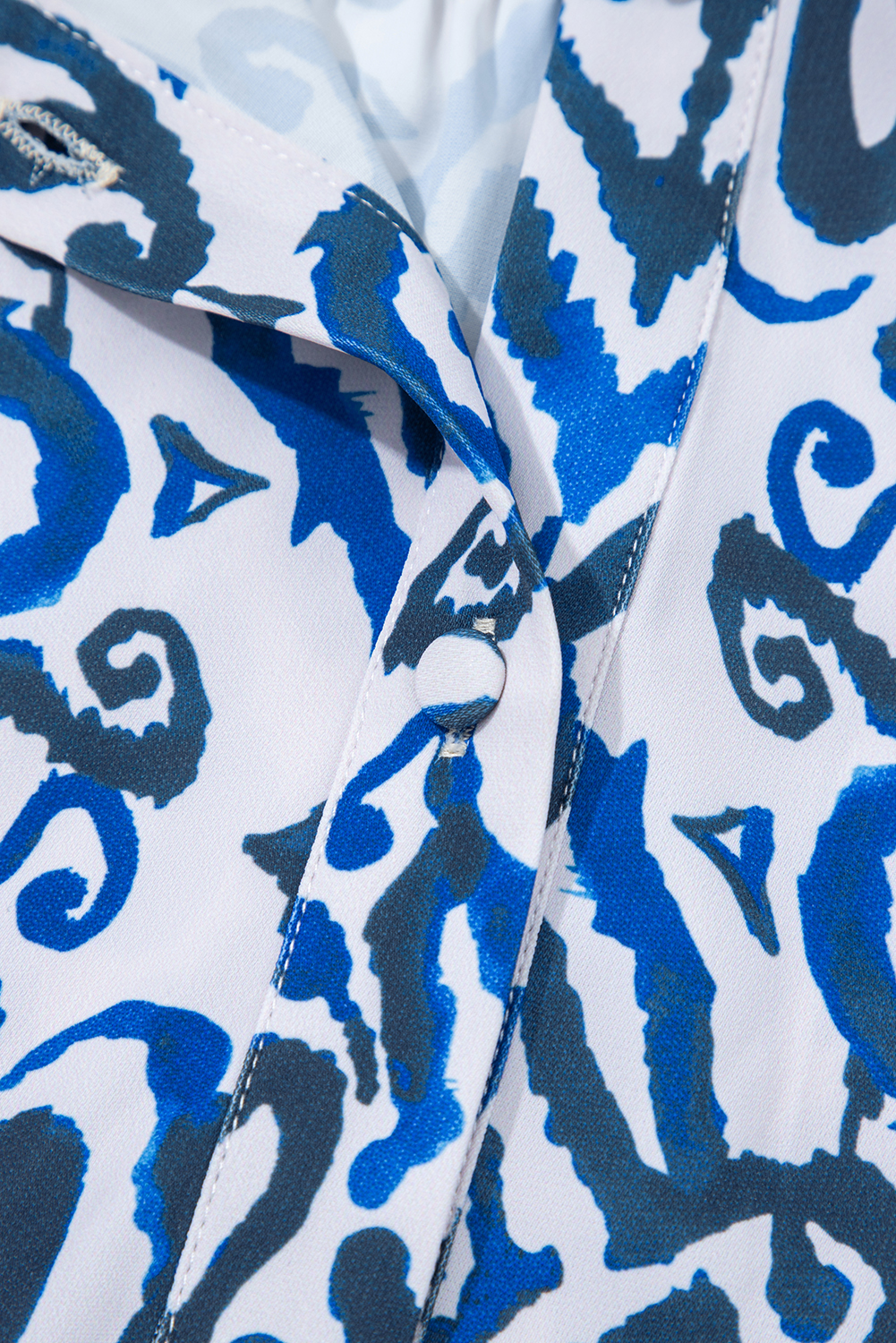 Blue Bohemian Print Embroidered V Neckline Detail Long Sleeve Shirt