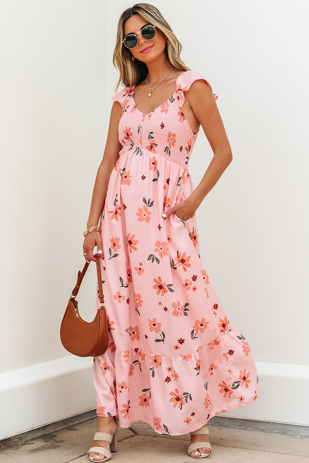 Black V Neck Flutter Sleeve Smocked Bodice High Waist Ruffle Maxi Dress