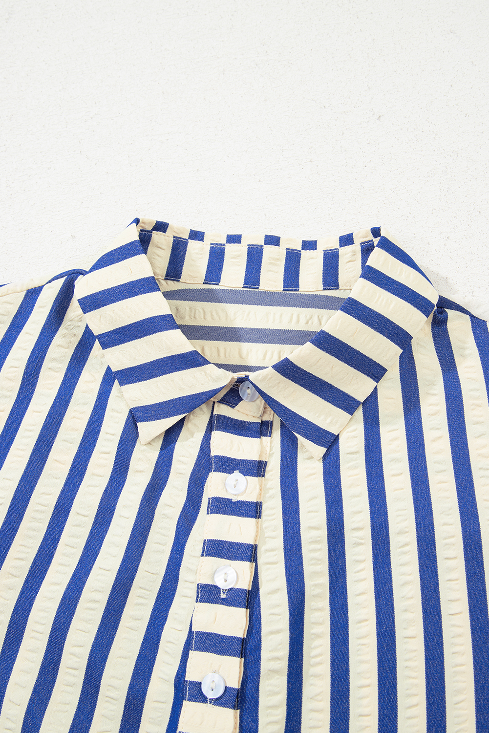 Blue Stripe Collared Half Button Side Pockets Loose Fit Mini Dress