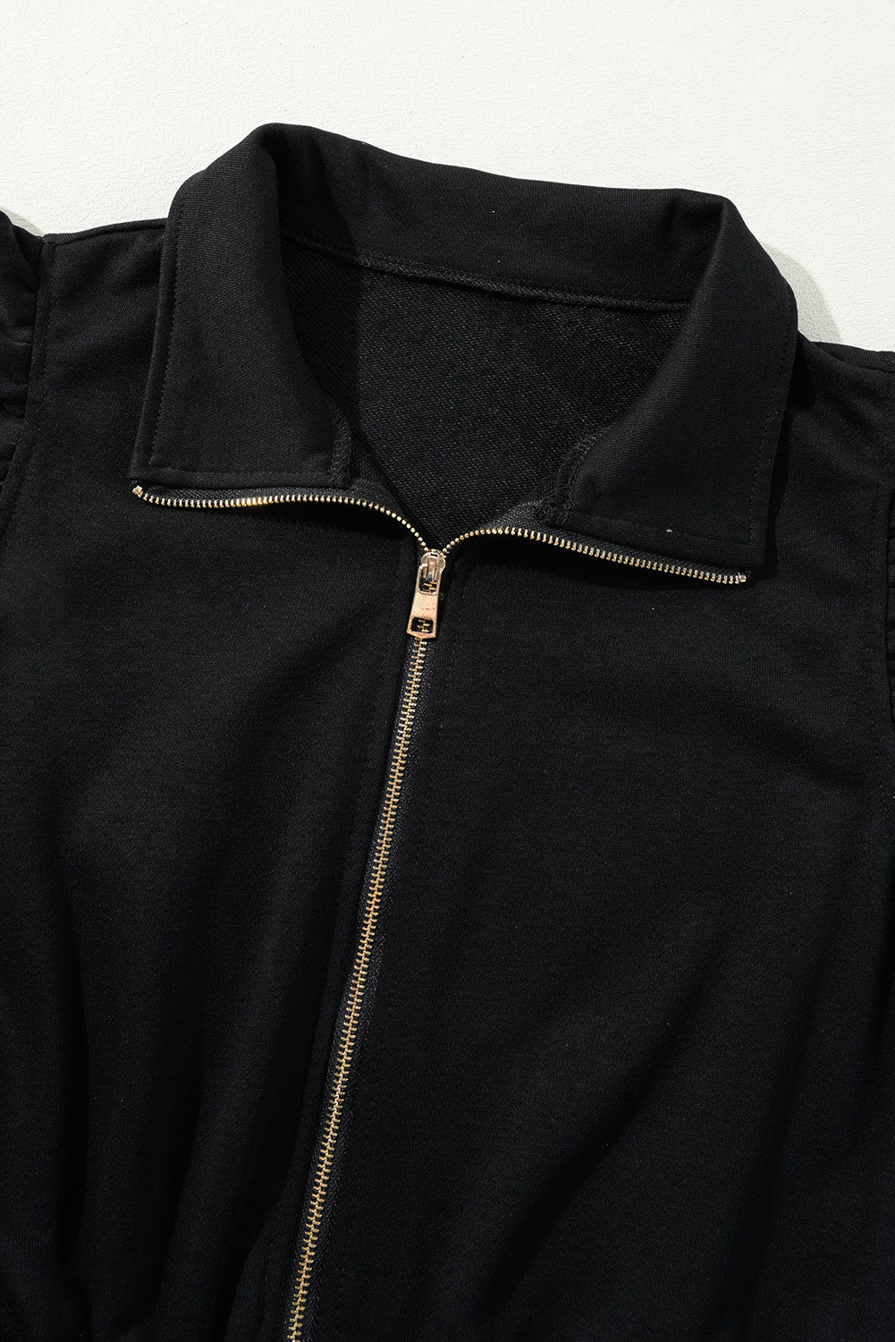 Black Zipper Flutter Sleeve Drawstring Elastic Waistband Jumpsuit