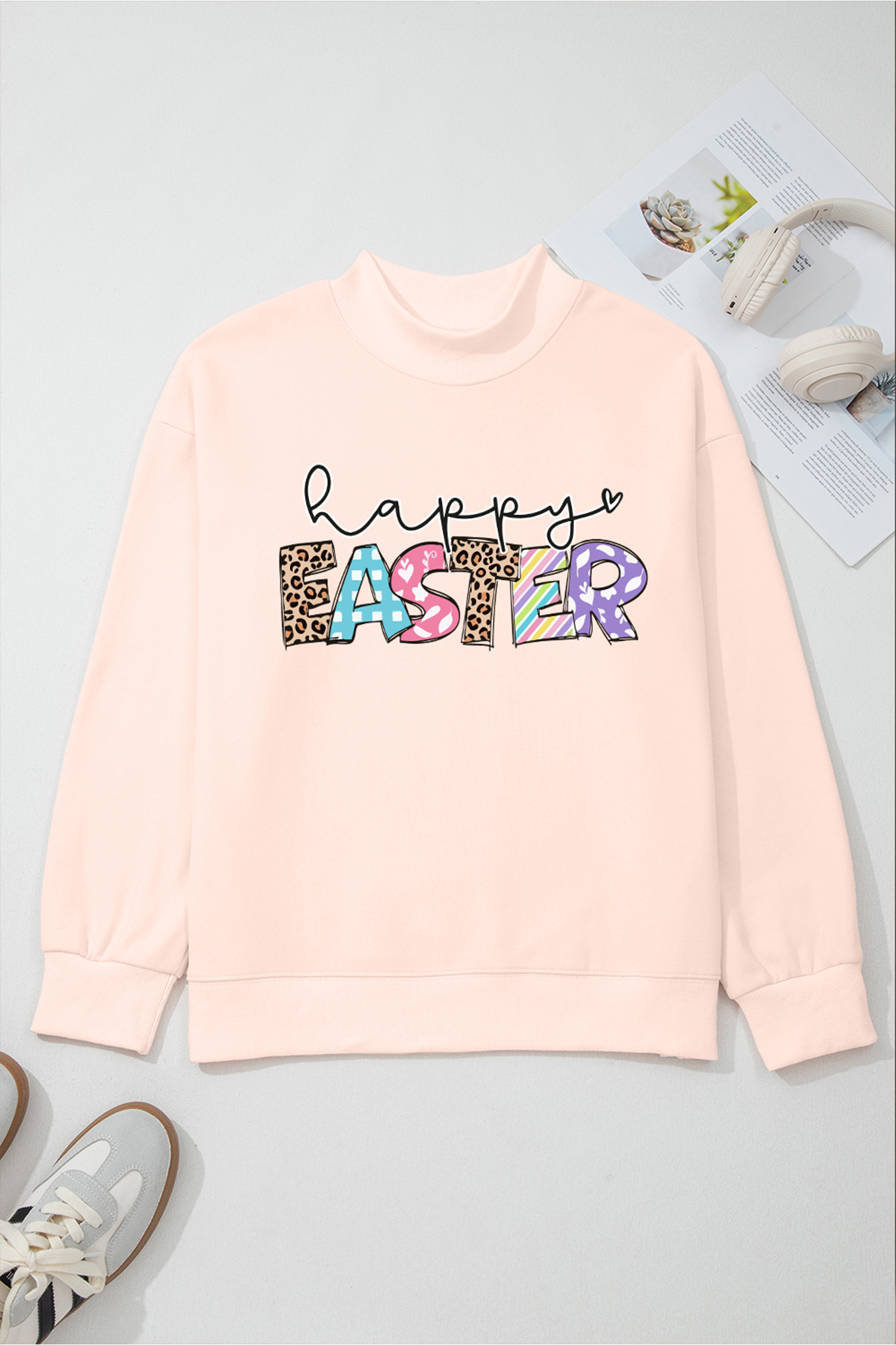 Apricot Pink Happy Easter Playful Letter Printed Sweatshirt