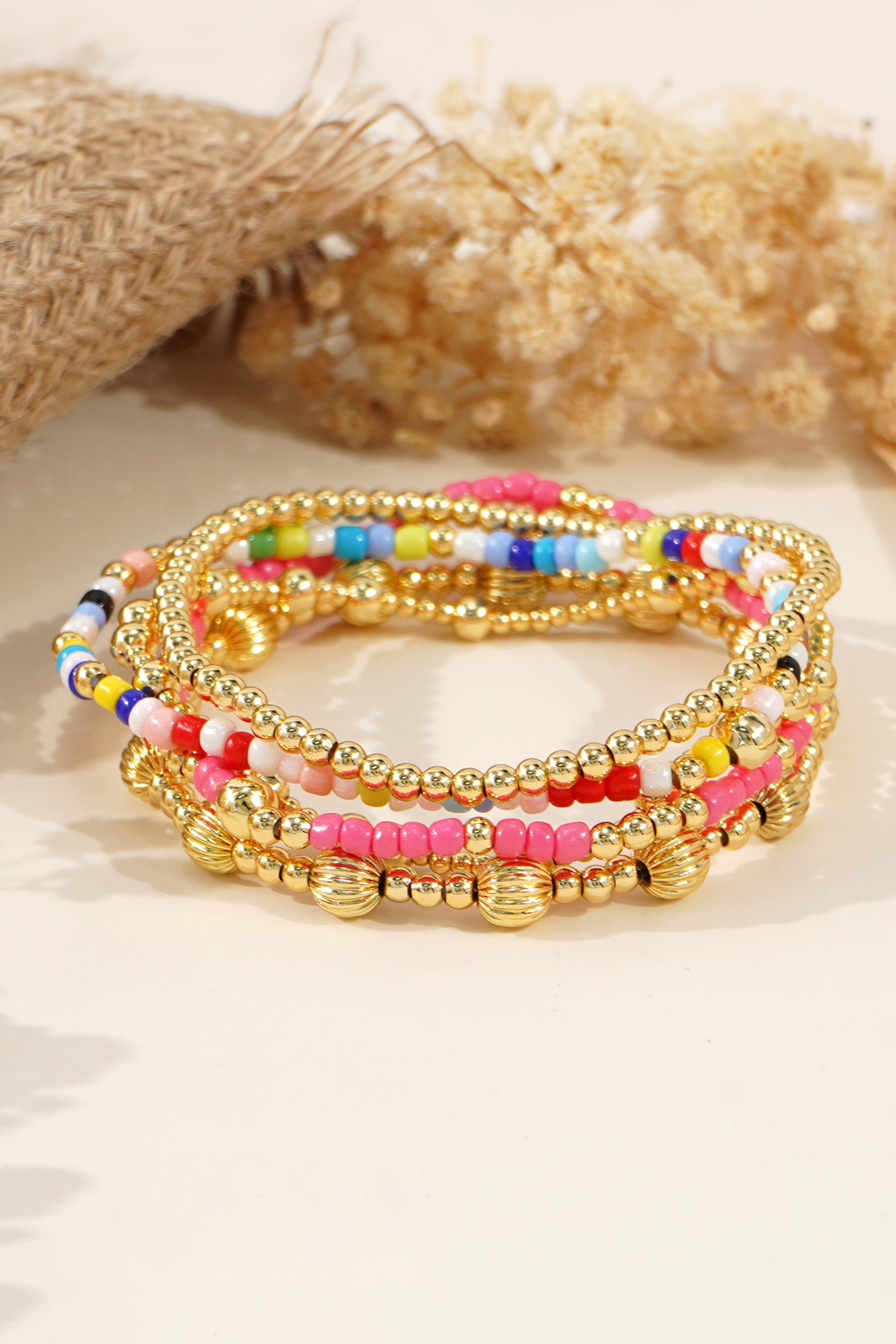 Gold 5pcs Vibrant Beading Stackable Elastic Bracelet Set