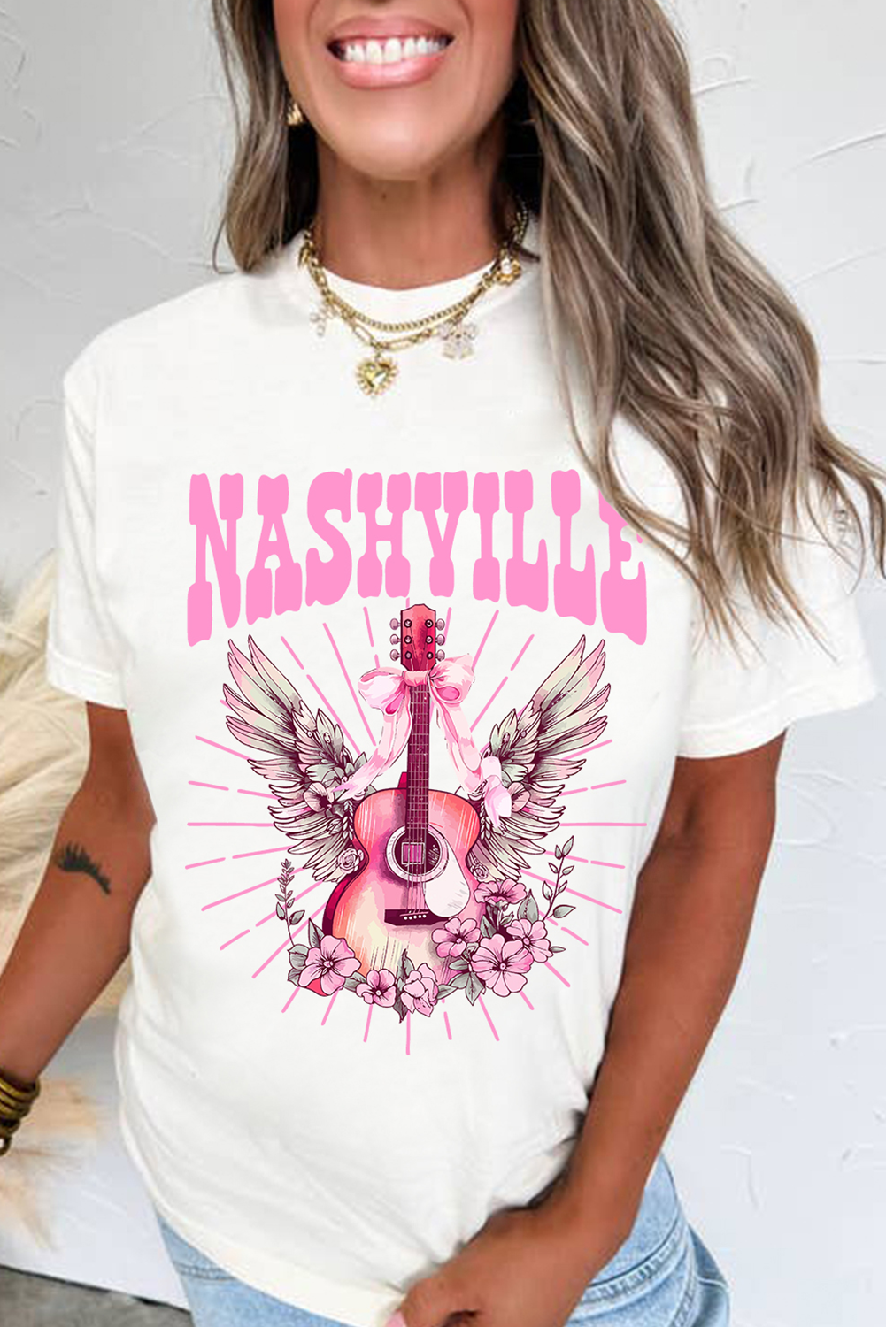 White NASHVILLE Guitar Graphic Music Festival T Shirt