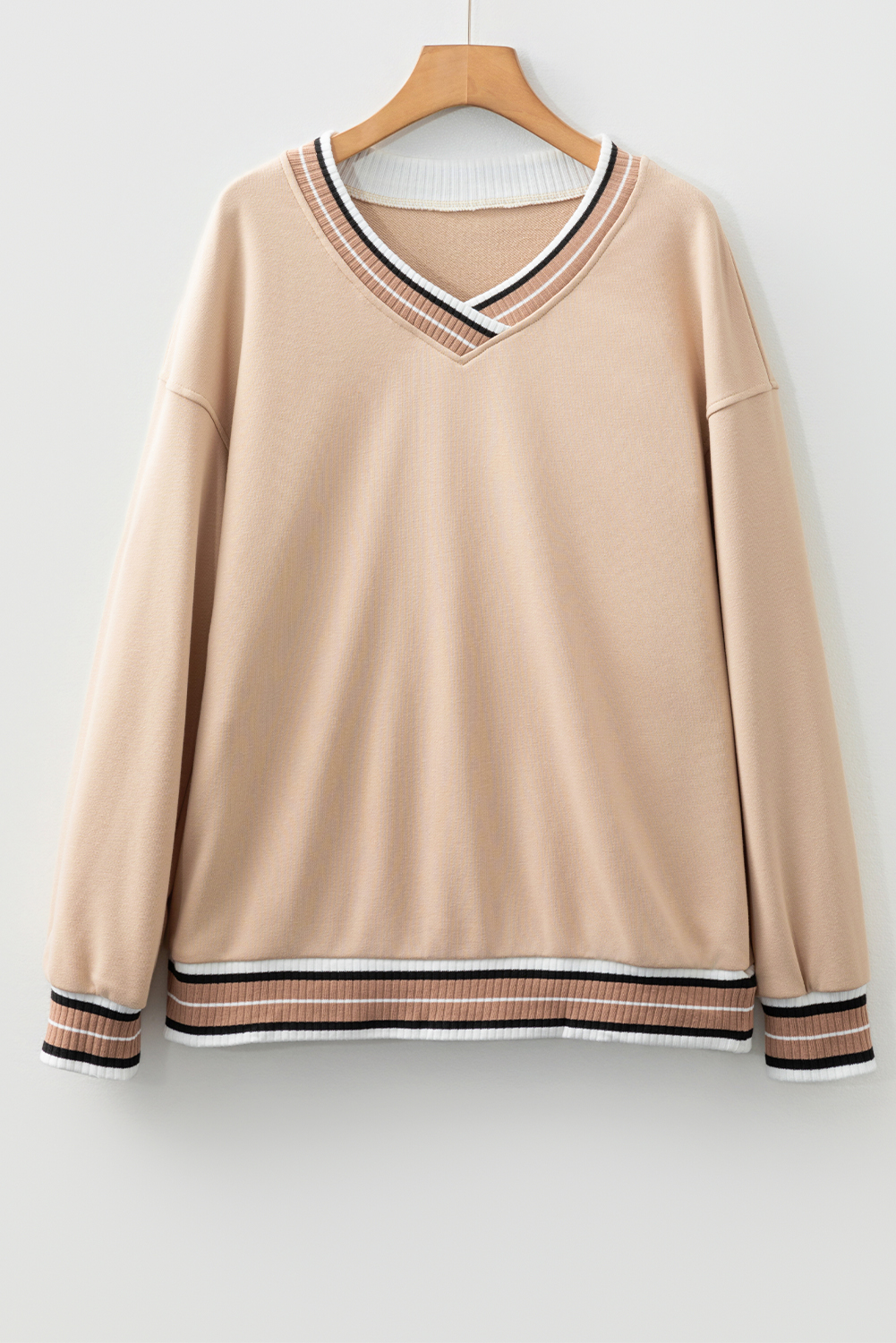 Gray Varsity Contrast Striped Trim V Neck Sweatshirt