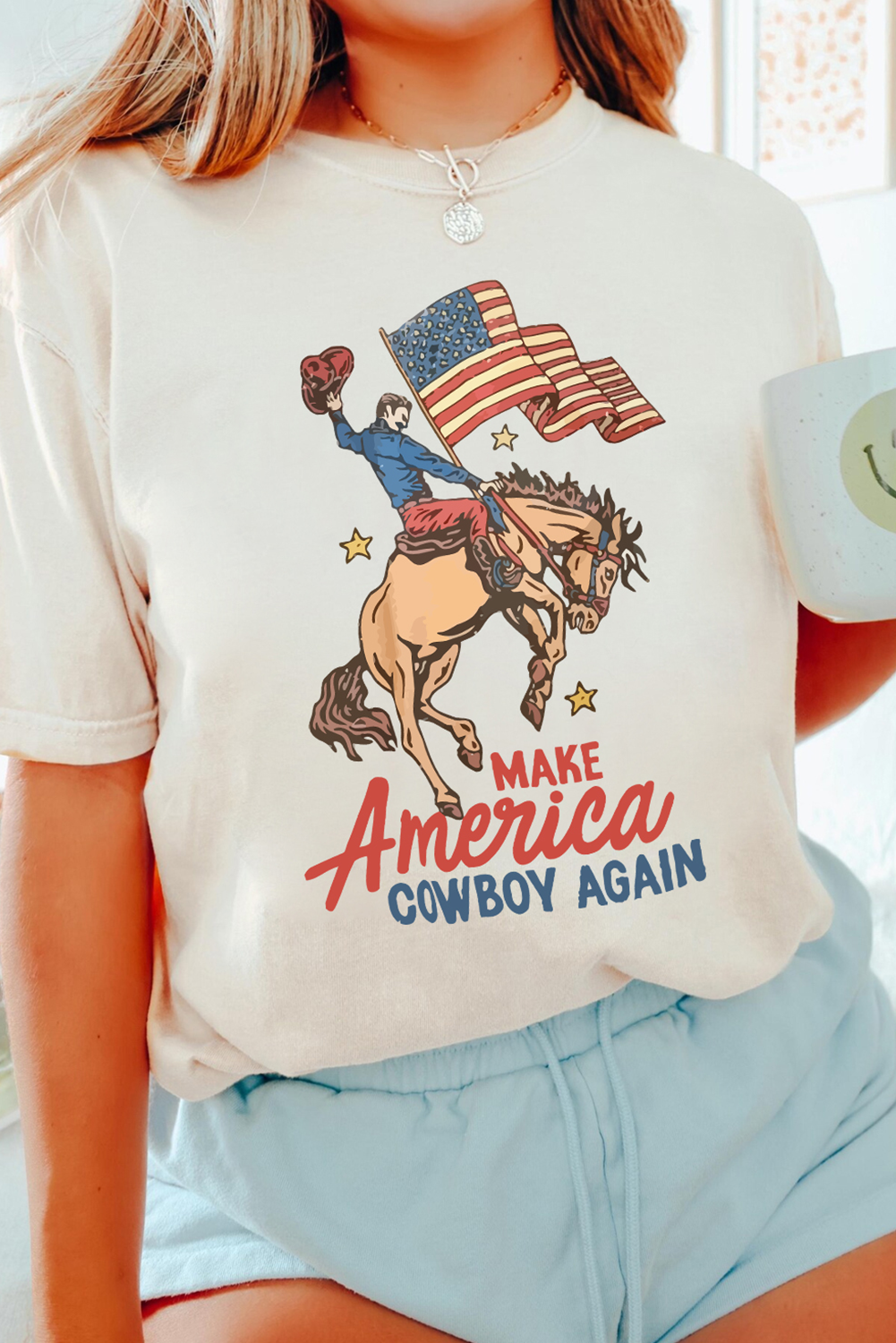 White MAKE AMERICA COWBOY AGAIN Graphic Crewneck Tee