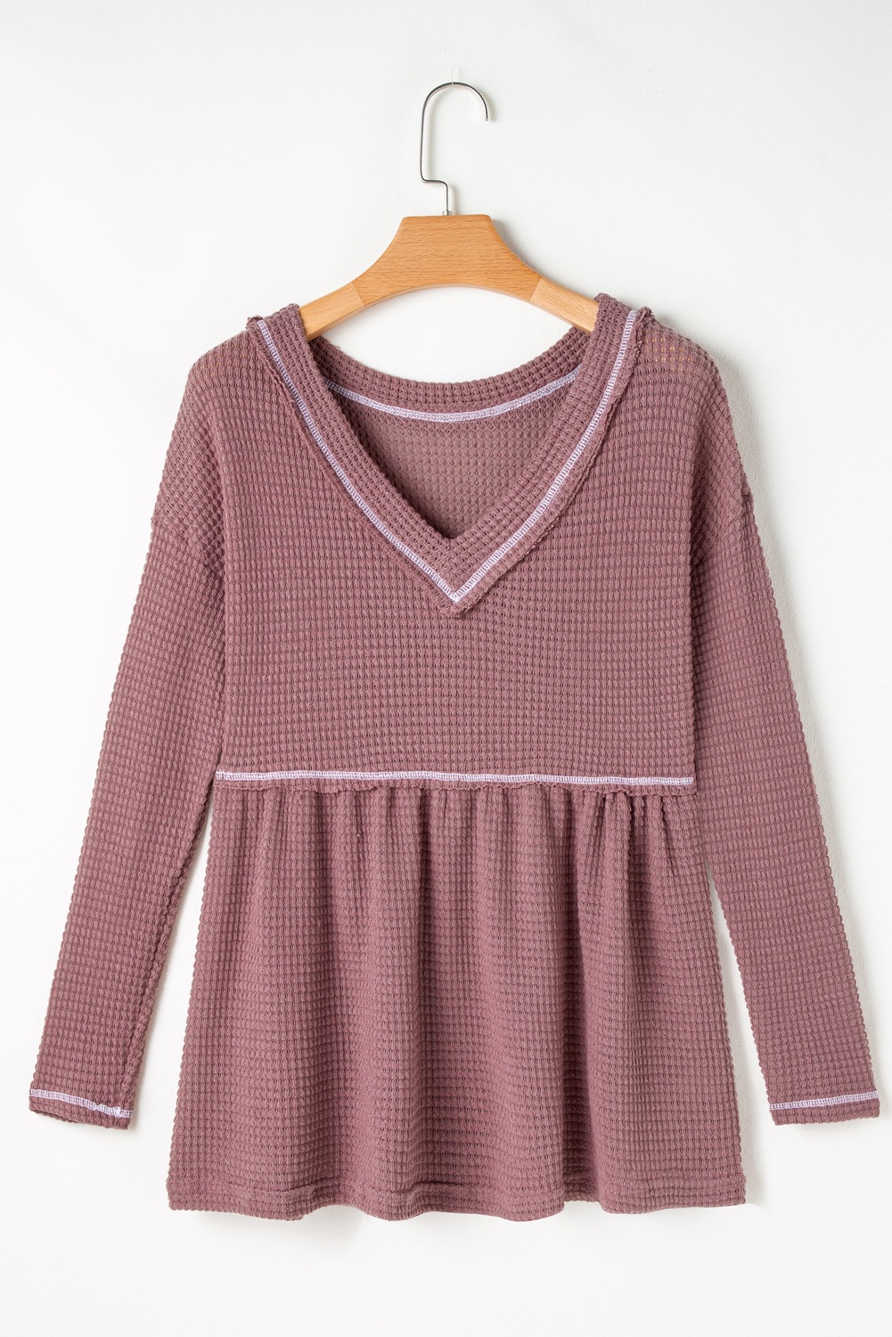 Pink Waffle Knit V Neck Long Sleeve Babydoll Top