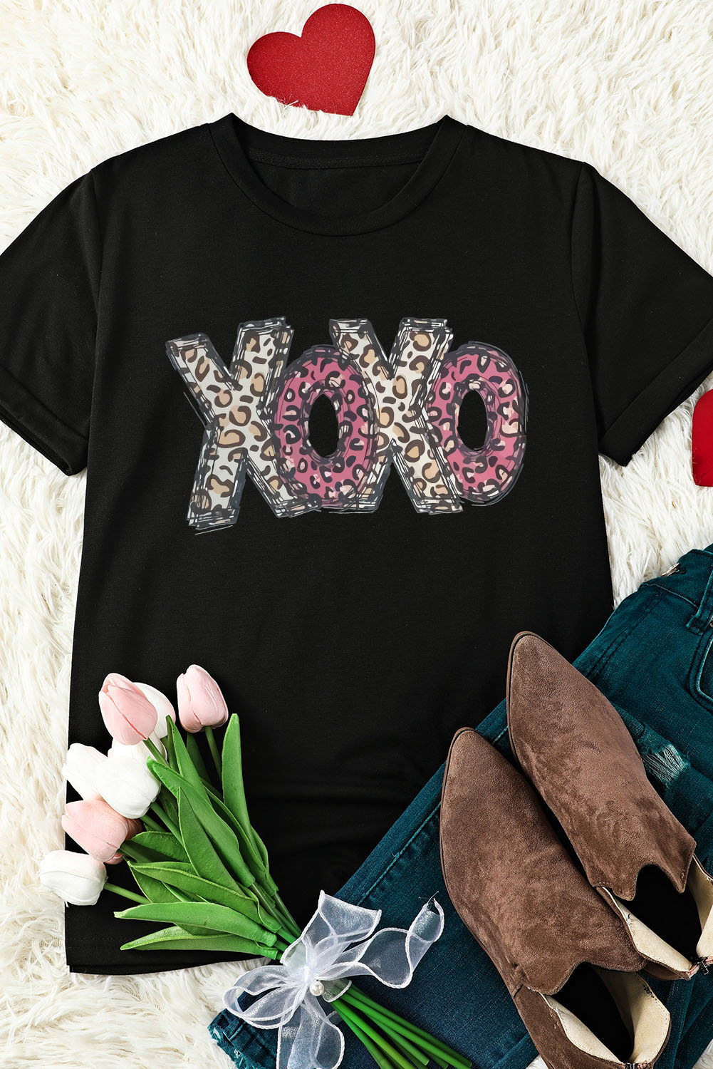Black Leopard XOXO Print T Shirt