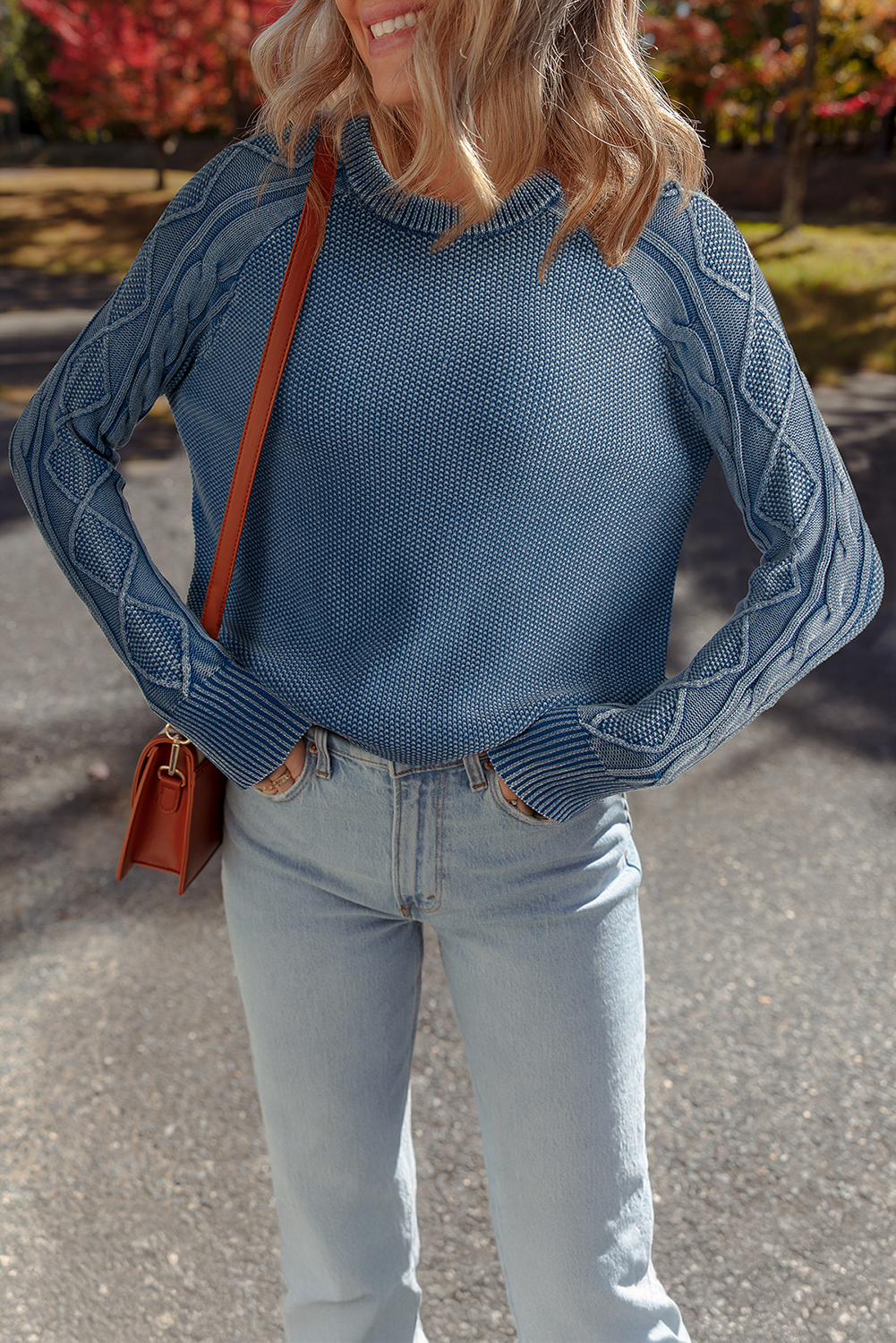 Dark Brown Contrast Cable Knit Sleeve Casual Sweater