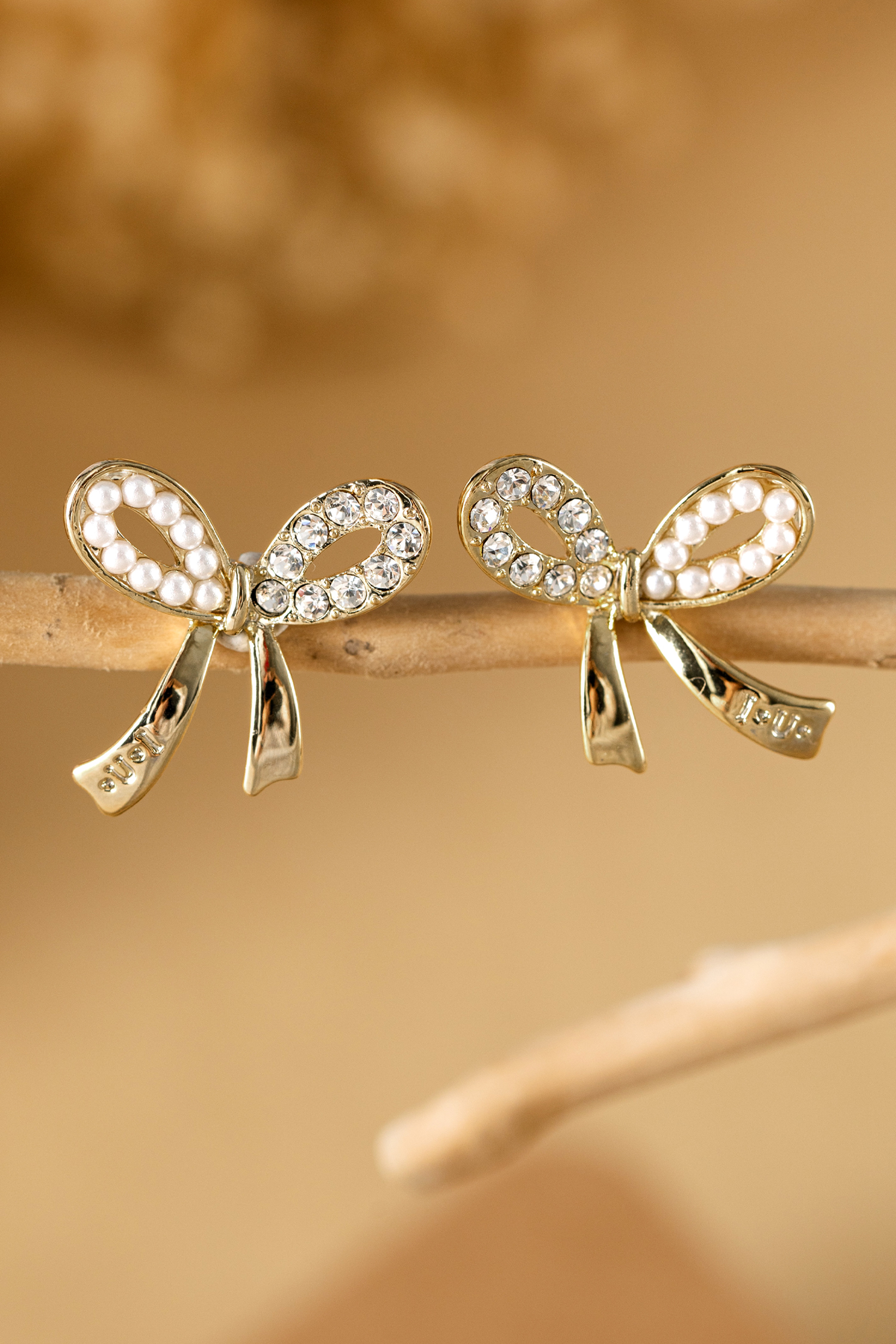 Gold Rhinestone Pearl Bow Earrings