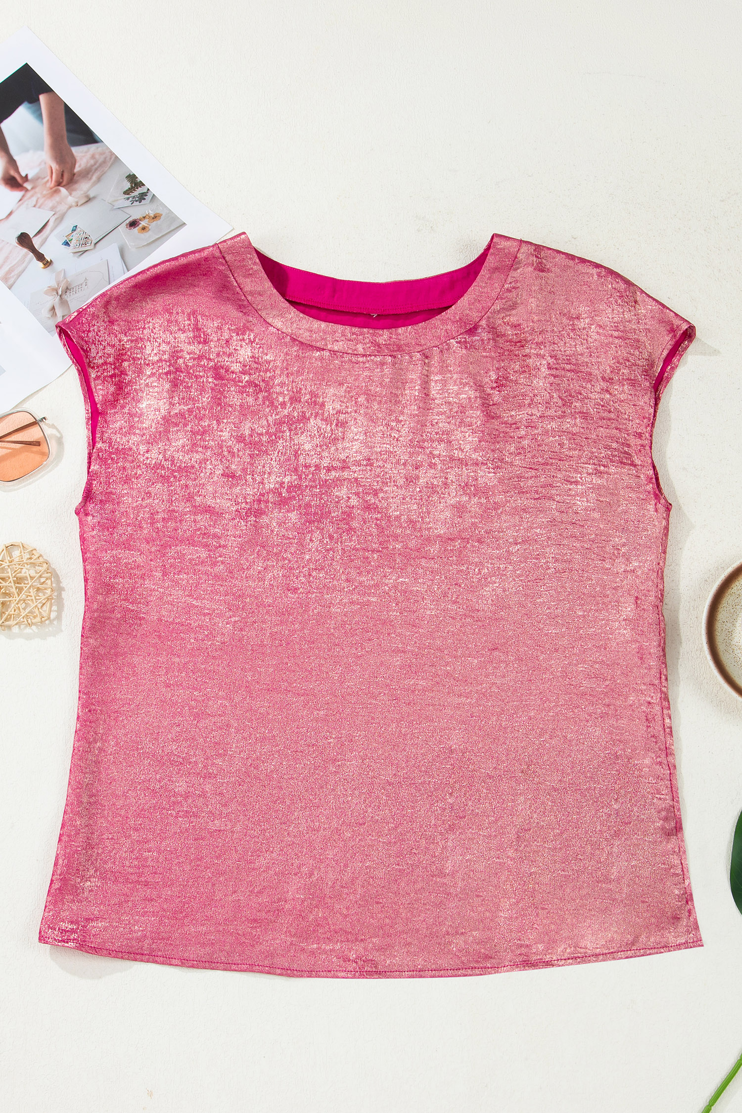 Apricot Metallic Round Neck Smocked Long Sleeve Blouse