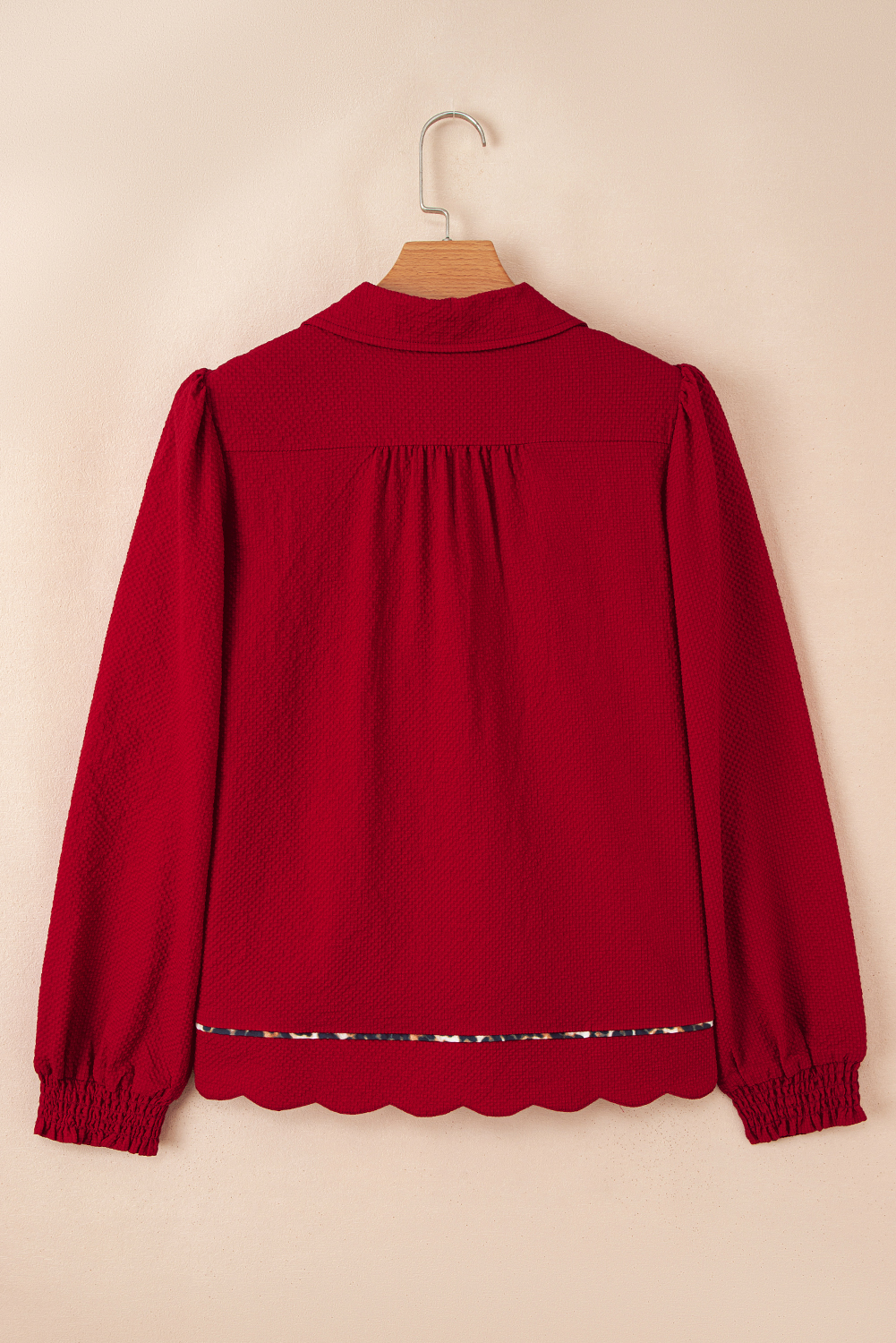 Fiery Red Textured V Neck Leopard Contrasted Trim Long Sleeve Shift Mini Dress