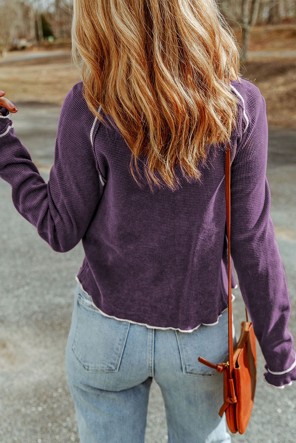 Smoke Gray Textured Round Neck Long Sleeve Top