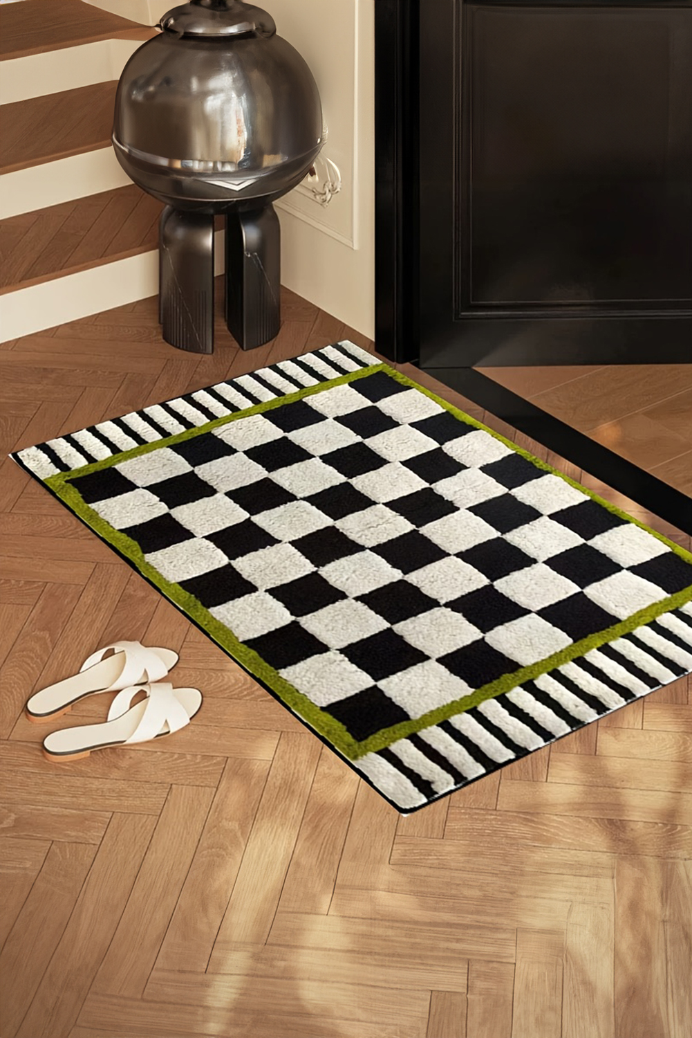 Spinach Green Square Trim Plush Checkered Striped Bath Rug