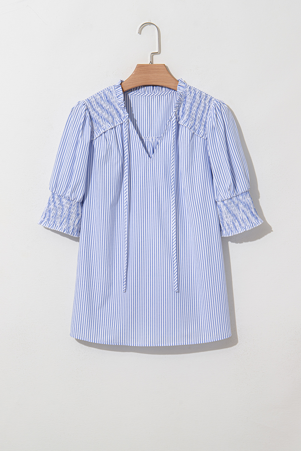 Gray Stripe Shirred Detail V Neck Puff Half Sleeve V Neck Blouse