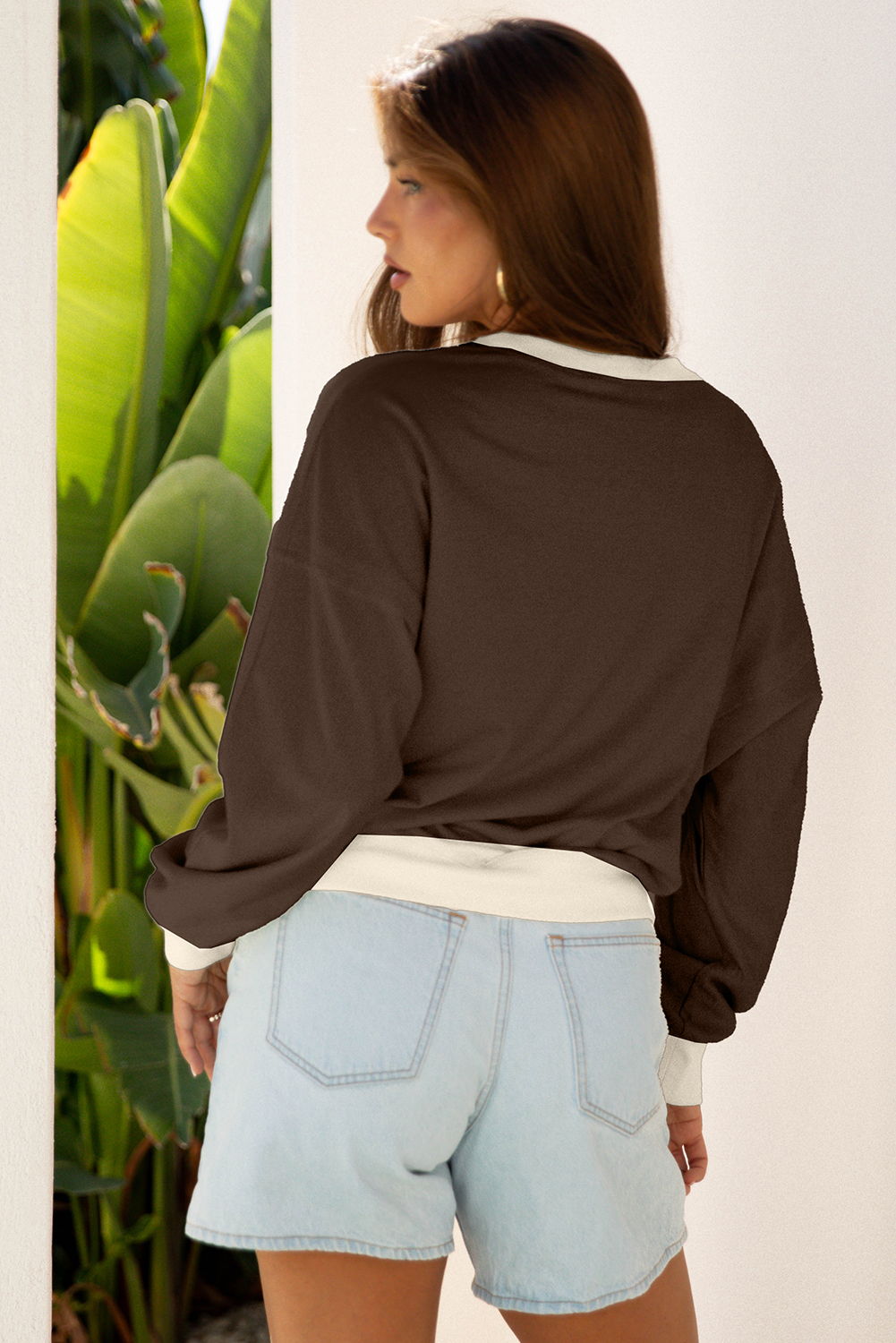 Beige Raw Edge Flower Patch Drop Shoulder Casual Top