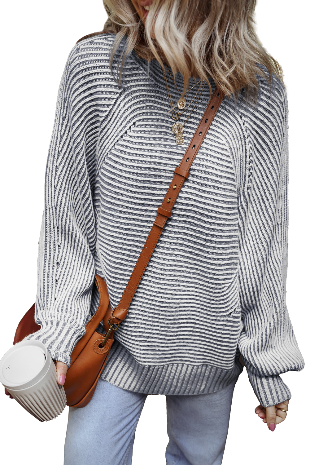 Coffee Striped Print Ribbed Knit Boat Neck Baggy Sweater