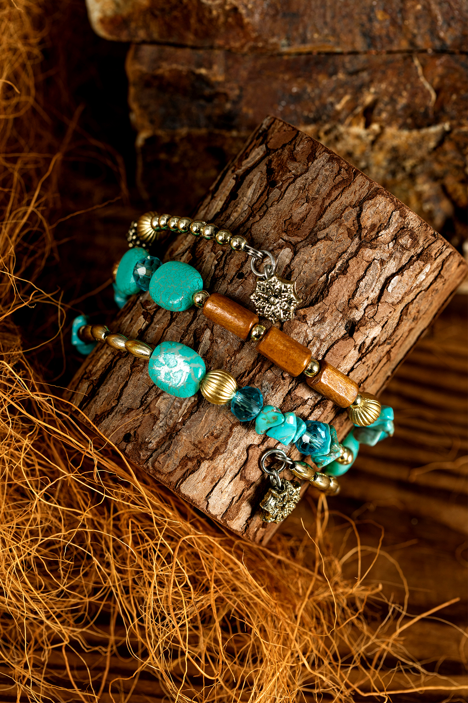 Turquoise Bohemian Style Crystal Stone Plated Bead Multi-Layer Winding Bracelet