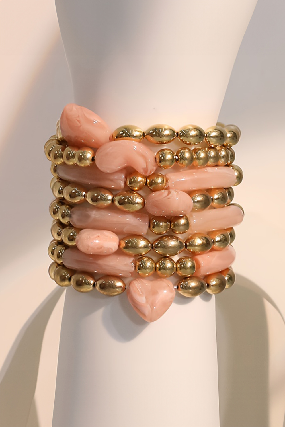 Gold Plated Bead Acrylic Detail 3D Heart Accent 8pcs Bracelet Set