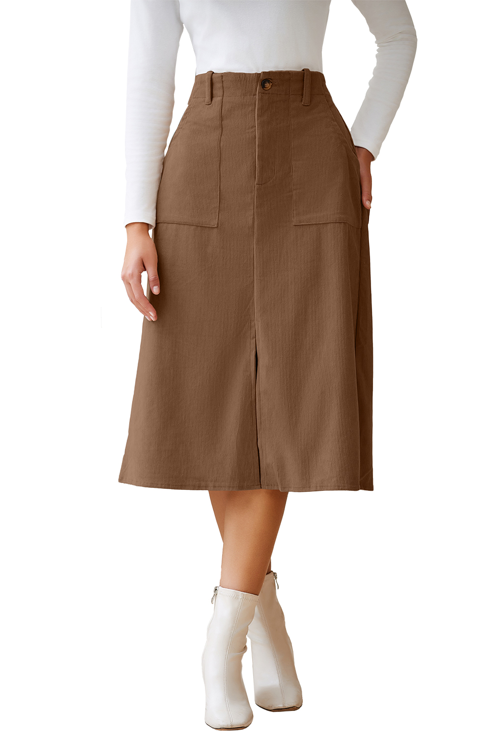 Coffee Front Slit Shift High Waist Midi Skirt