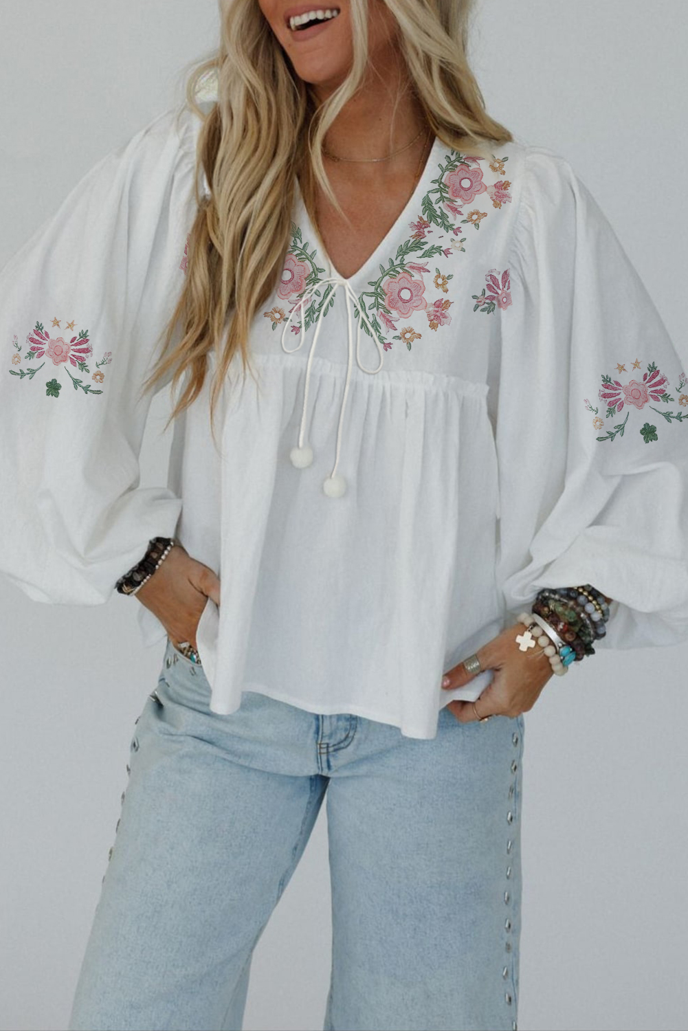 White Flower Print Lace-up V Neck Babydoll Blouse
