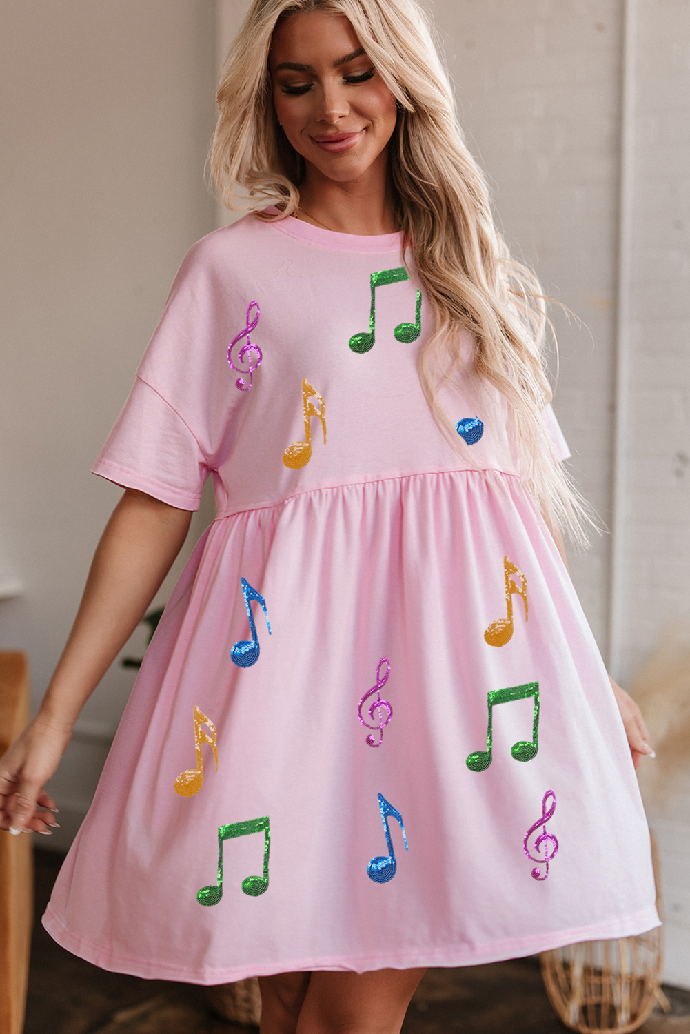 Light Pink Sequined Note Pattern Raw Edge Music Festival Babydoll T-shirt Dress
