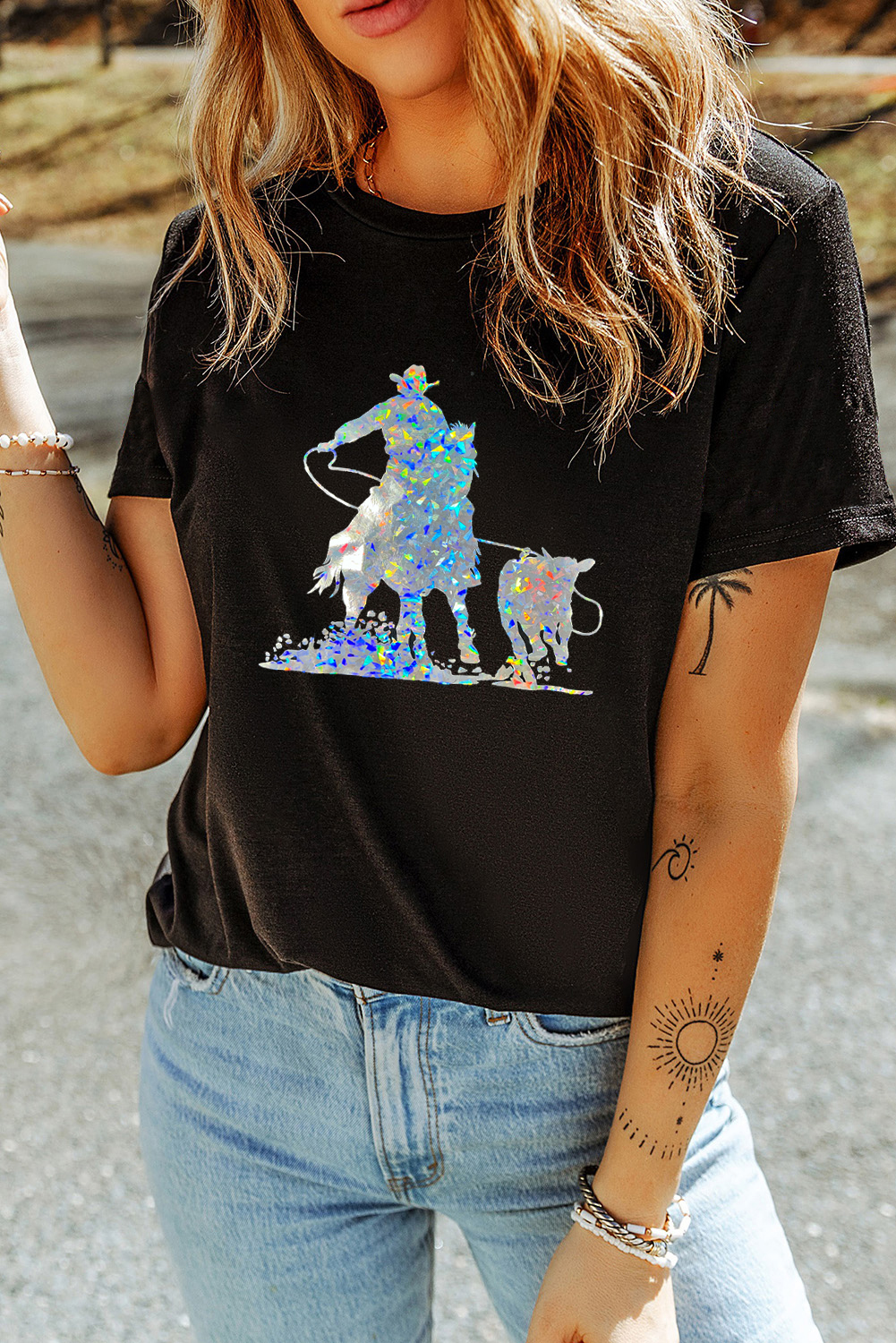 Black Laser Western Cowboy Graphic Crewneck Tee