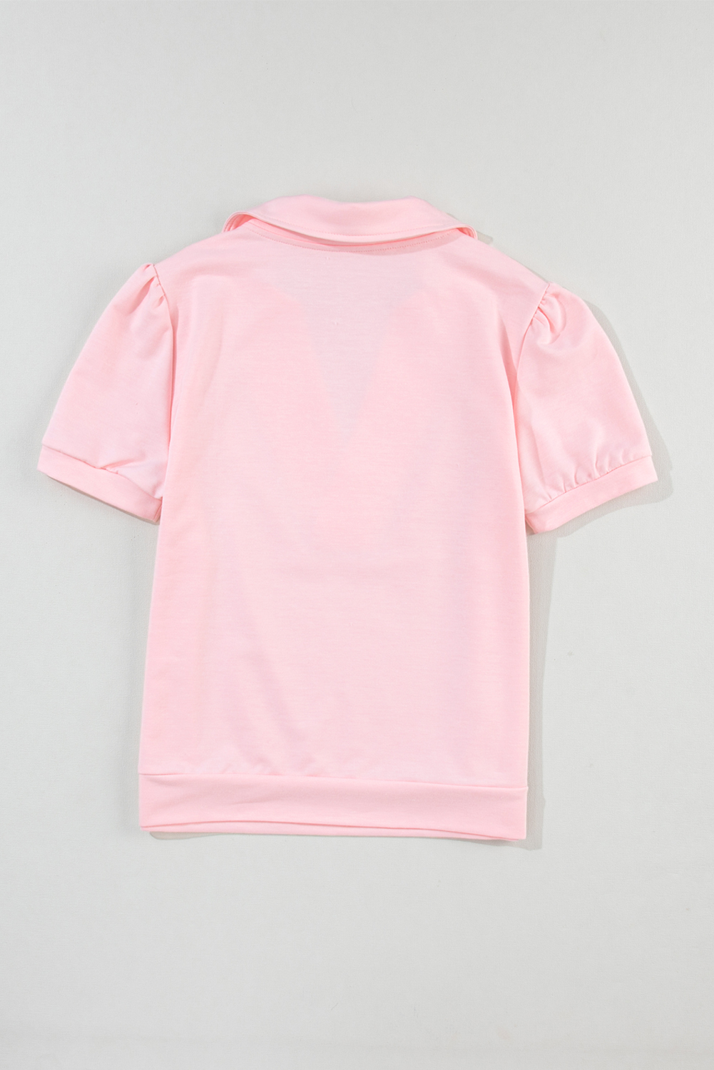 Pink Collared V Neck Puff Sleeve T-shirt