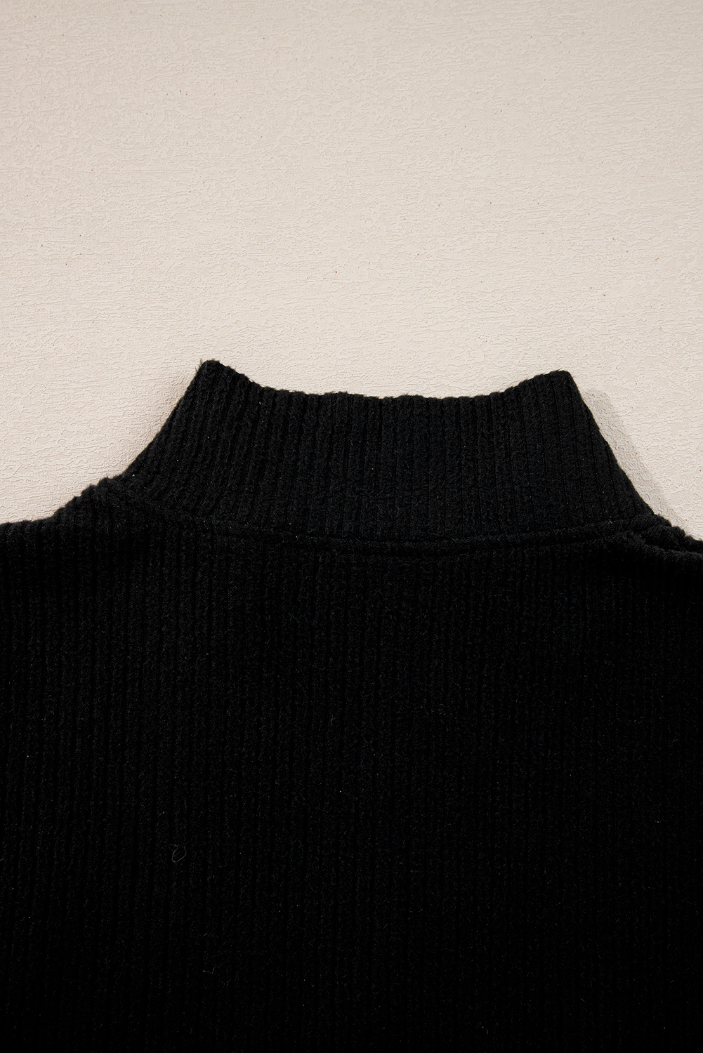 Black Ribbed Zip Stand Neck Drop Shoulder Pullover Bodycon Skirt 2pcs Set
