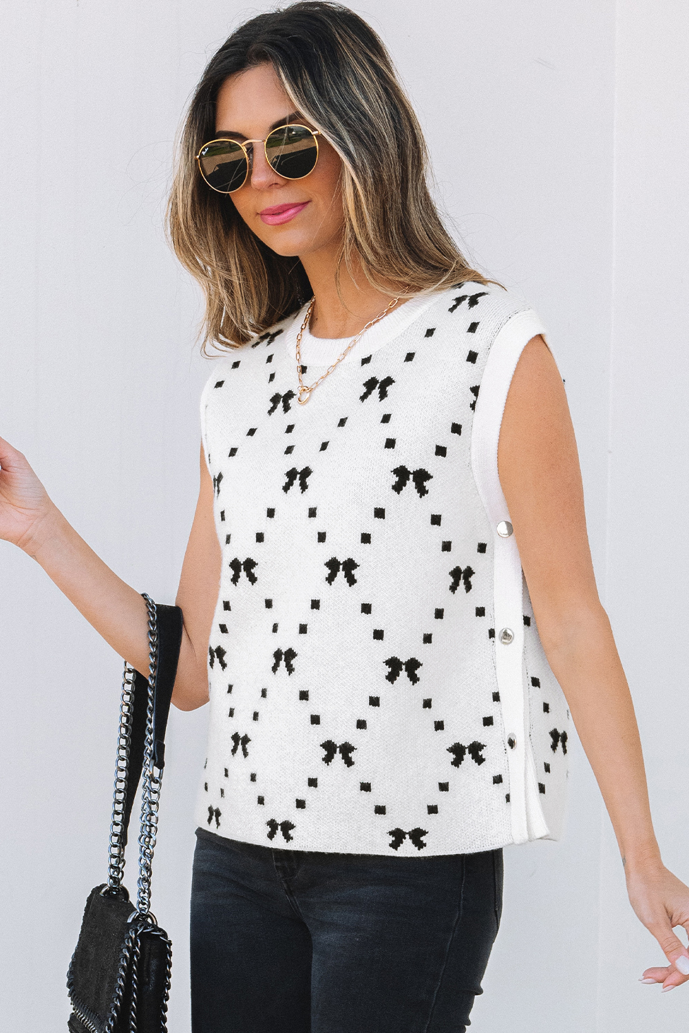 Black Preppy Vibes Bow Print Zipped Collar Sweater Tee