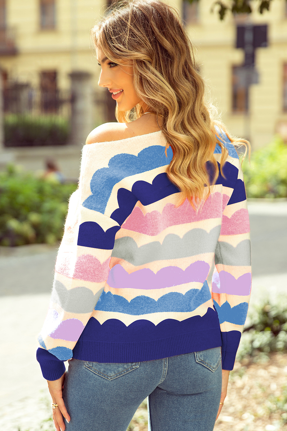 Rose Red Wave Striped Balloon Sleeve Drop Shoulder Sweater
