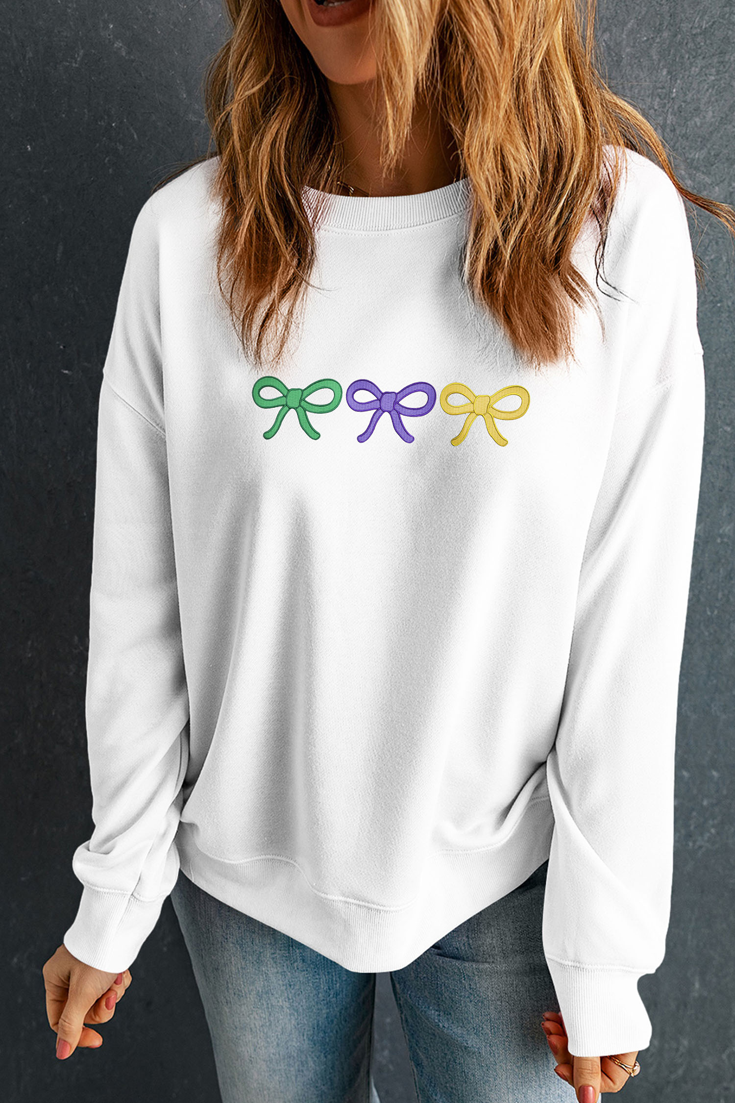 White Mardi Gras Embroidered Bow Pullover Sweatshirt