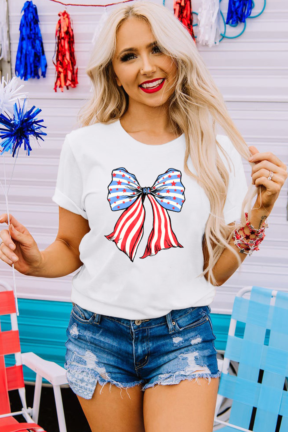 Khaki American Flag Bow Knot Print Round Neck T Shirt