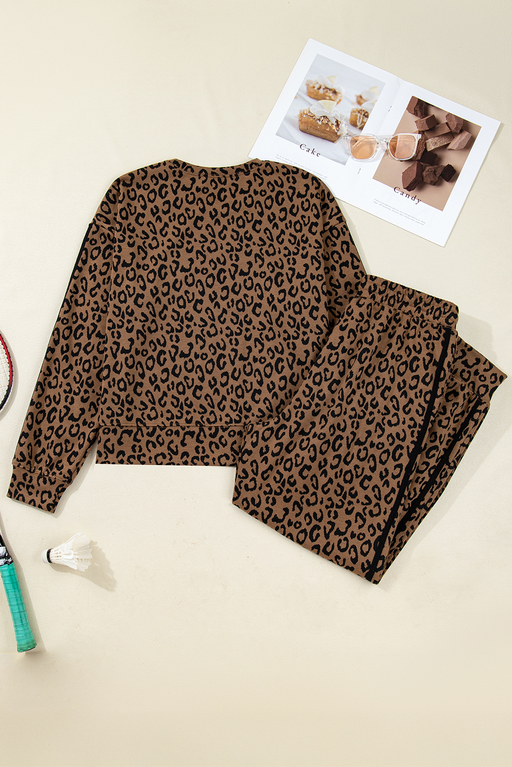 Brown Varsity Striped Trim Leopard Long Sleeve Top Drawstring Pant Set