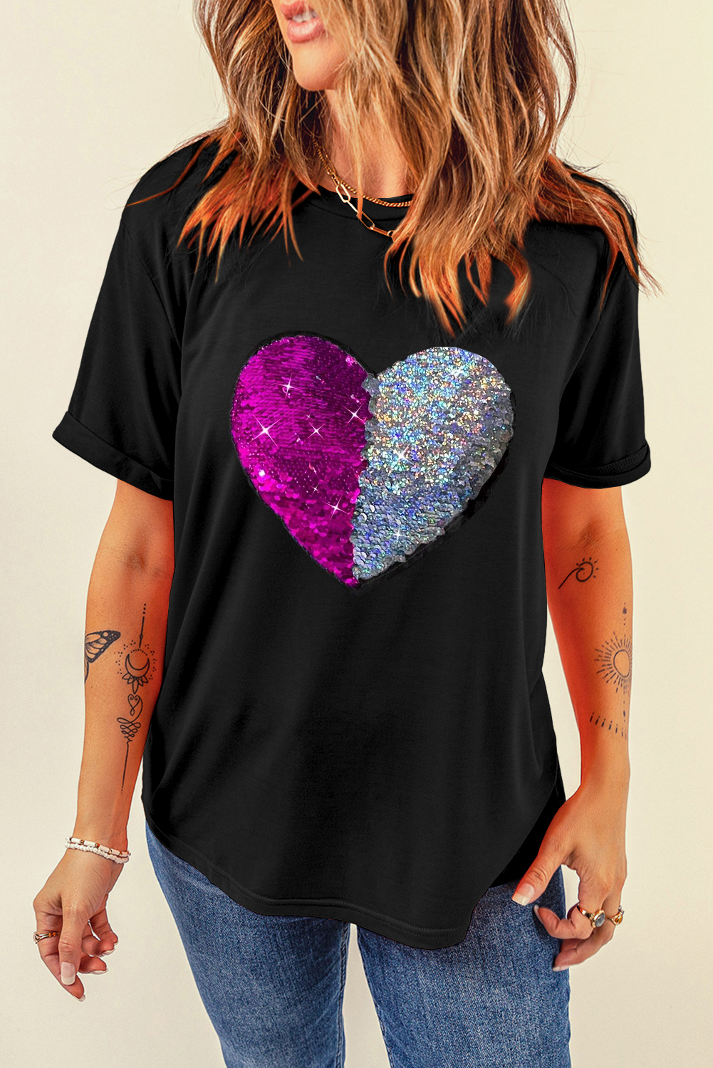 Red Leopard Striped Heart Shaped Print Crew Neck T Shirt