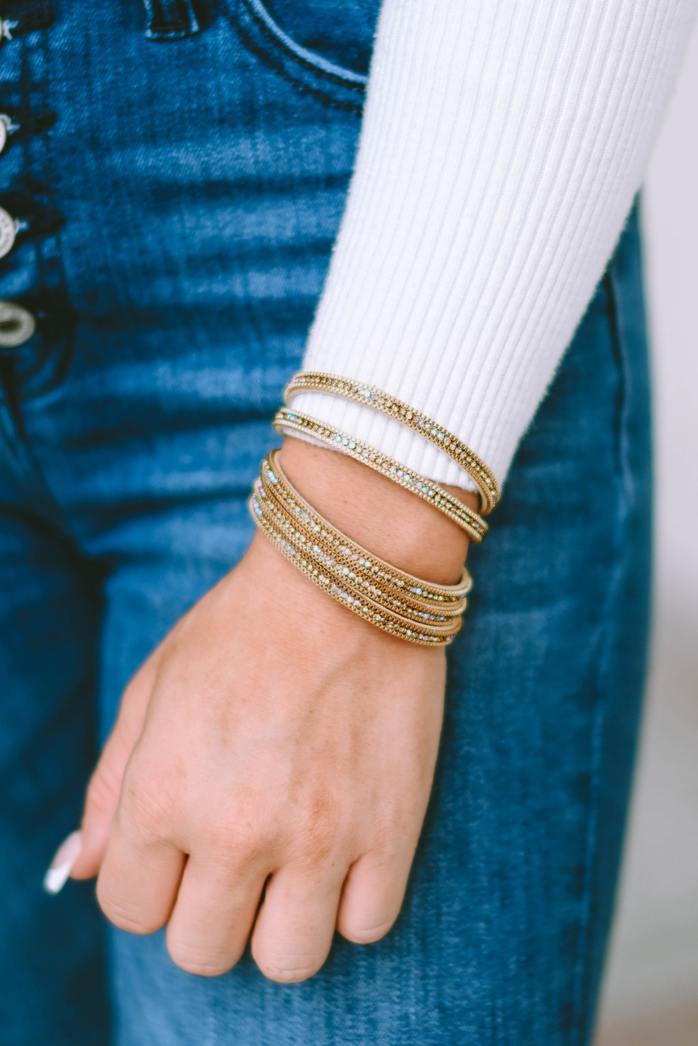 Gold Full Diamond Leather Wide Plated Magnetic Buckle Bracelet