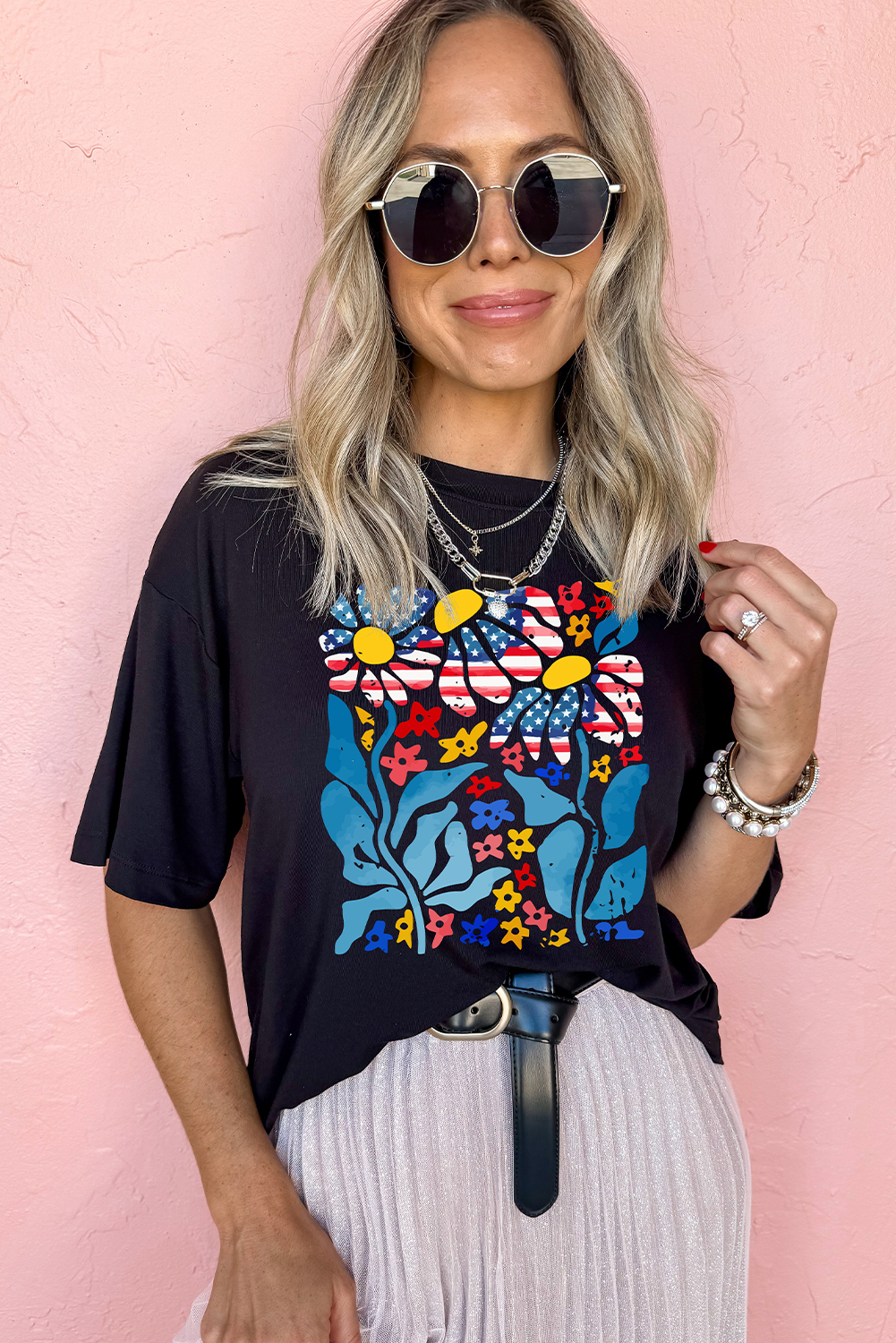Black USA Flag Flower Graphic Drop Shoulder T Shirt