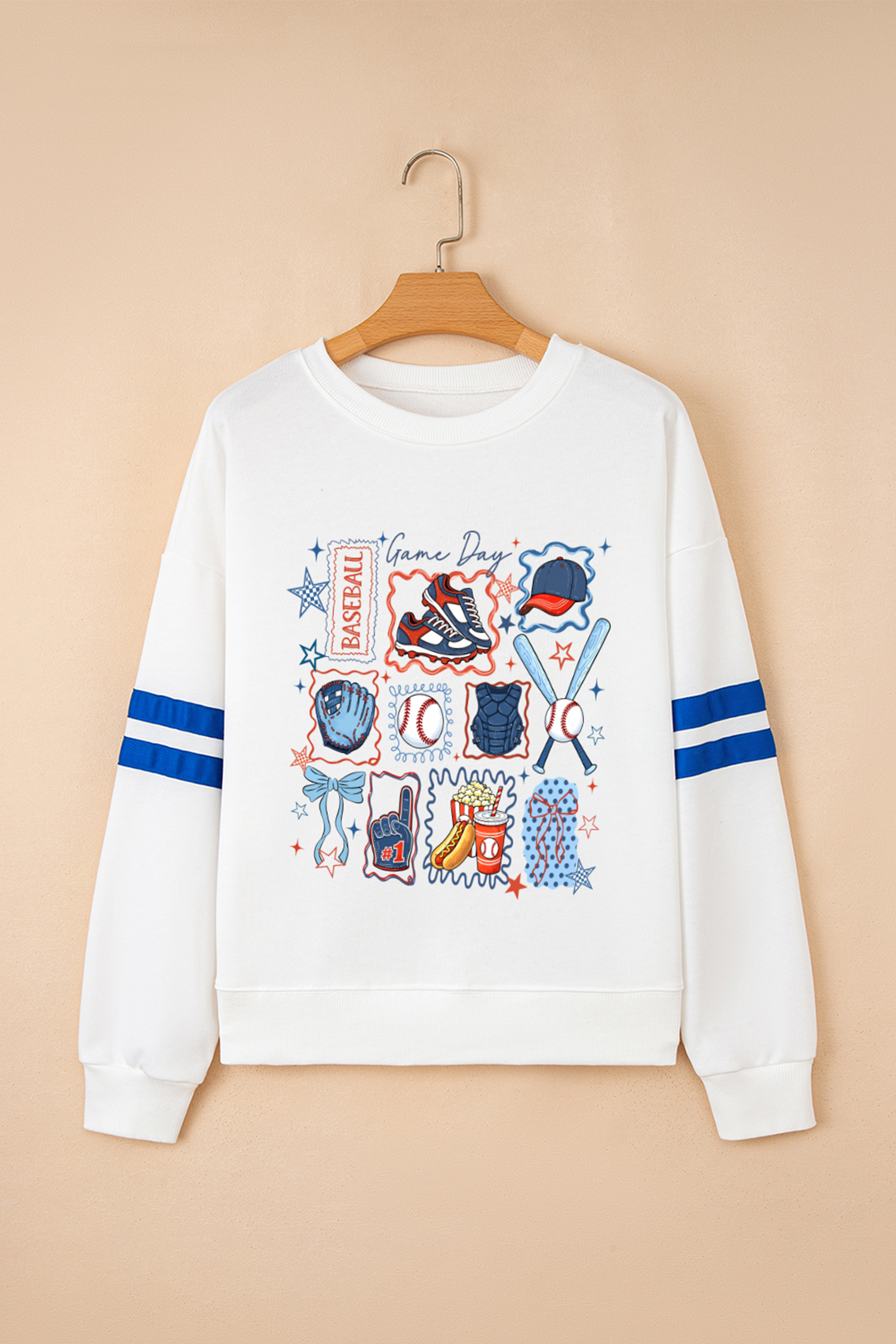 White Baseball Game Day Printed Varsity Striped Sweatshirt