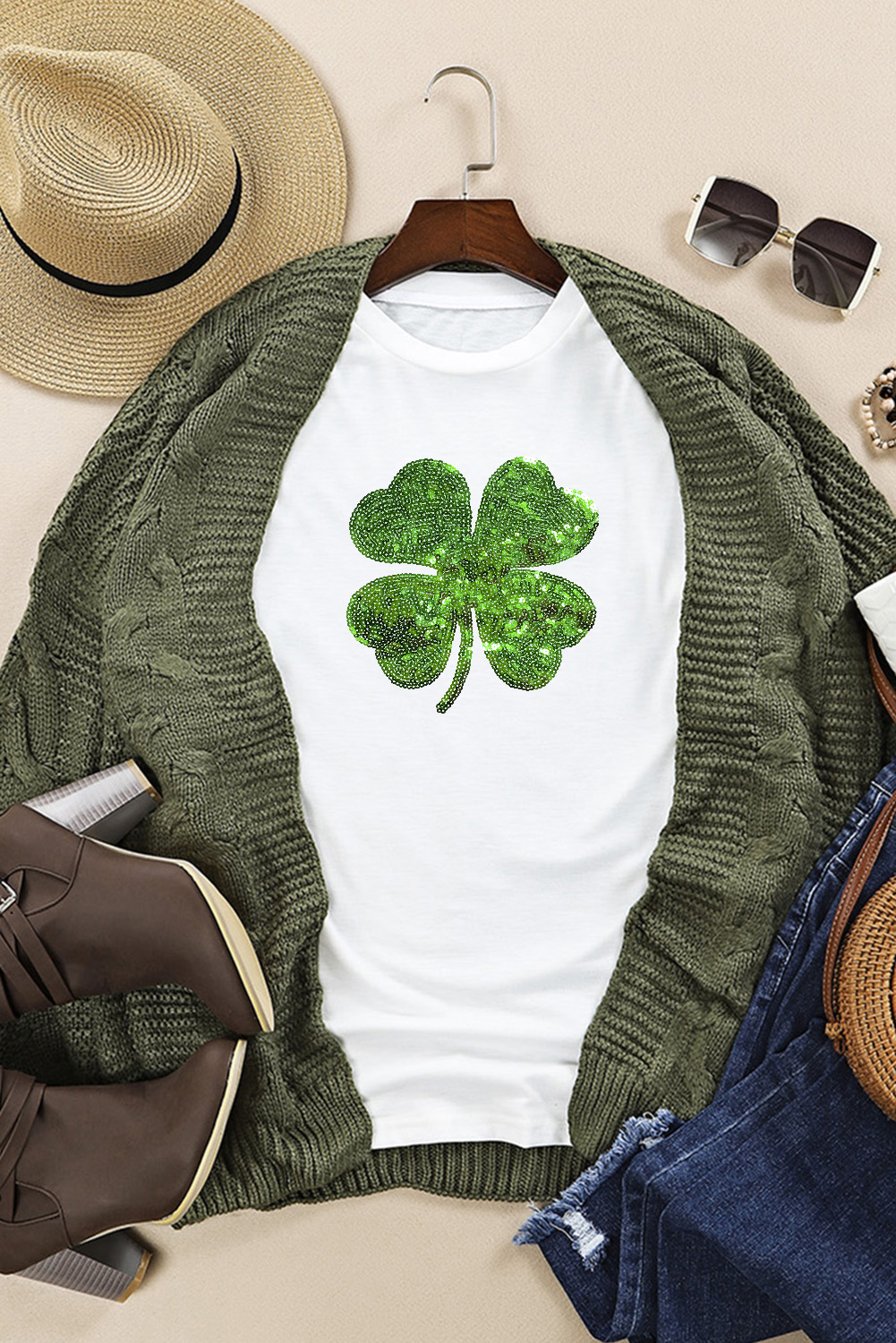 Black St. Patricks Lucky Clover Print O Neck T Shirt