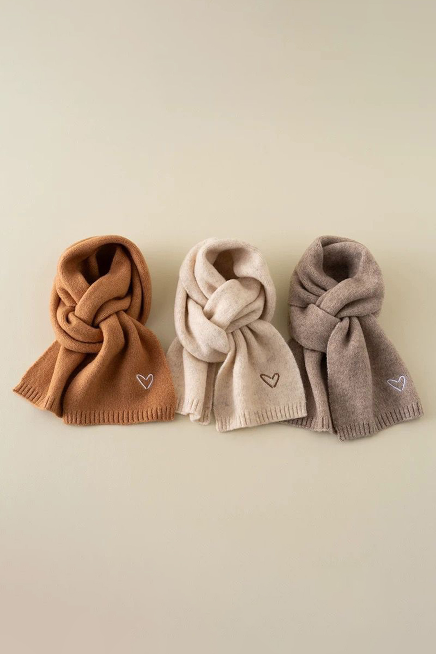 Thai Curry Tiny Heart Embroidered Detail Ribbed Trim Warm Knit Scarf