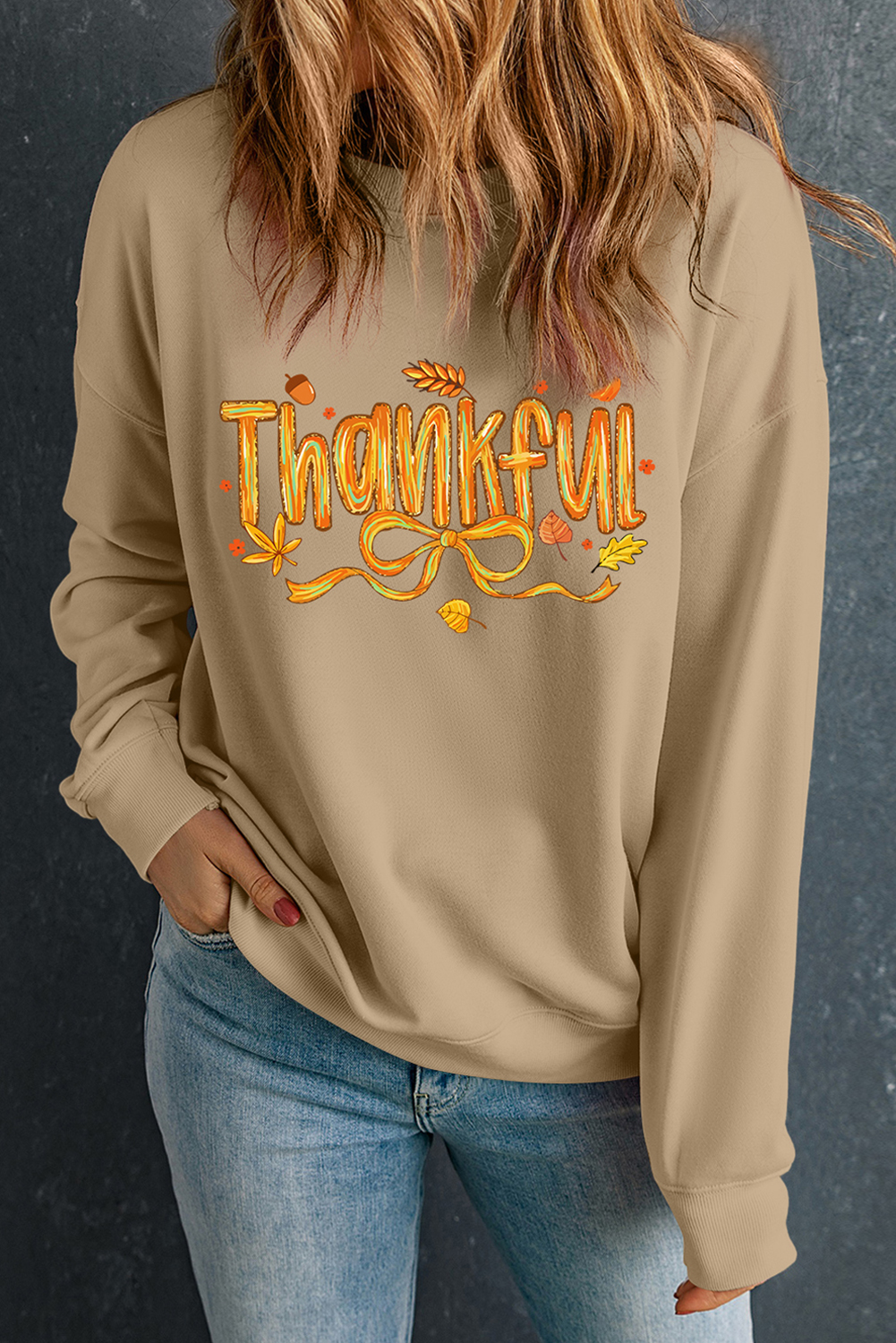 Khaki Thankful Fall Vibe Graphic Thanksgiving Sweatshirt