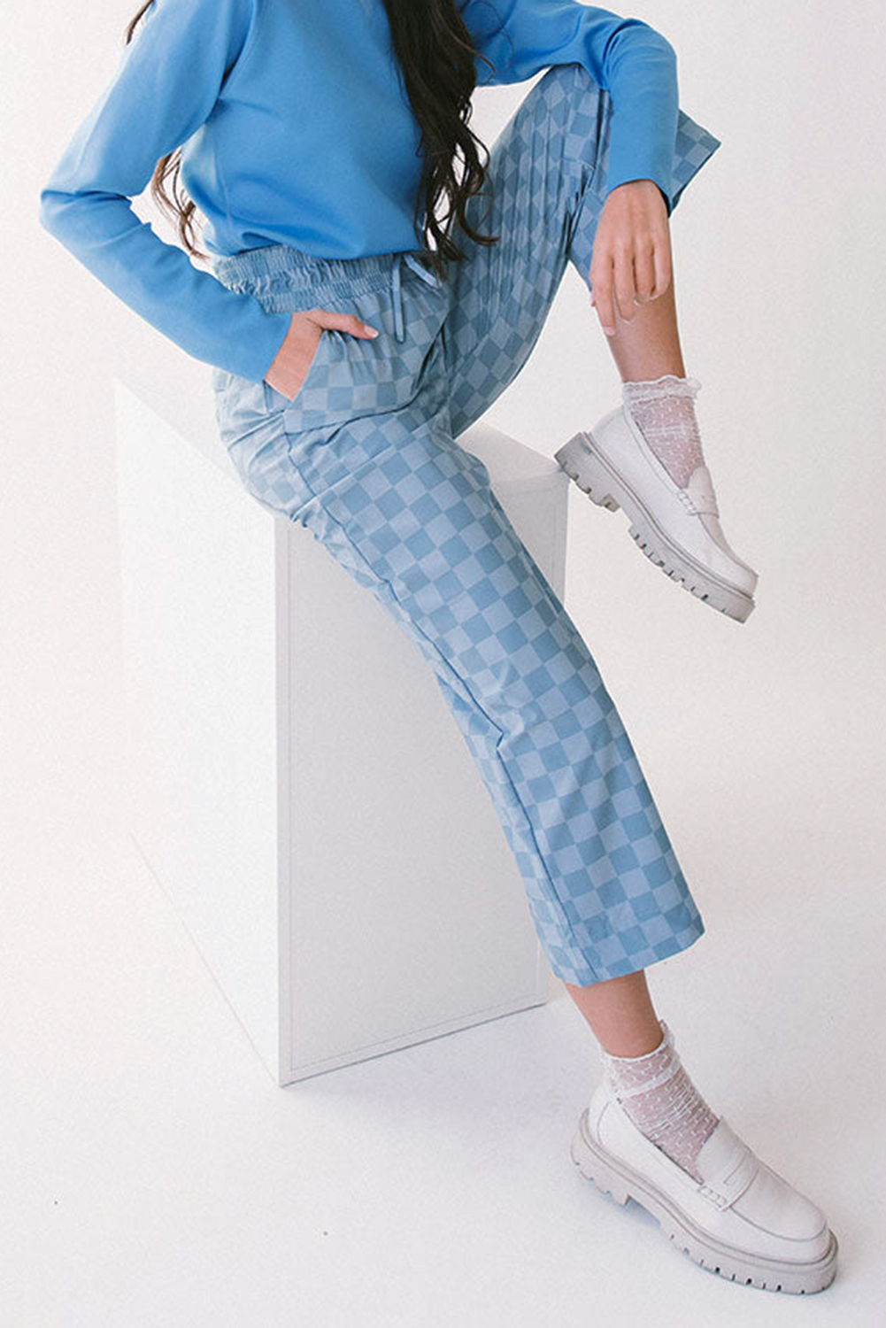 Khaki Checkered Elastic High Waist Loose Casual Pants