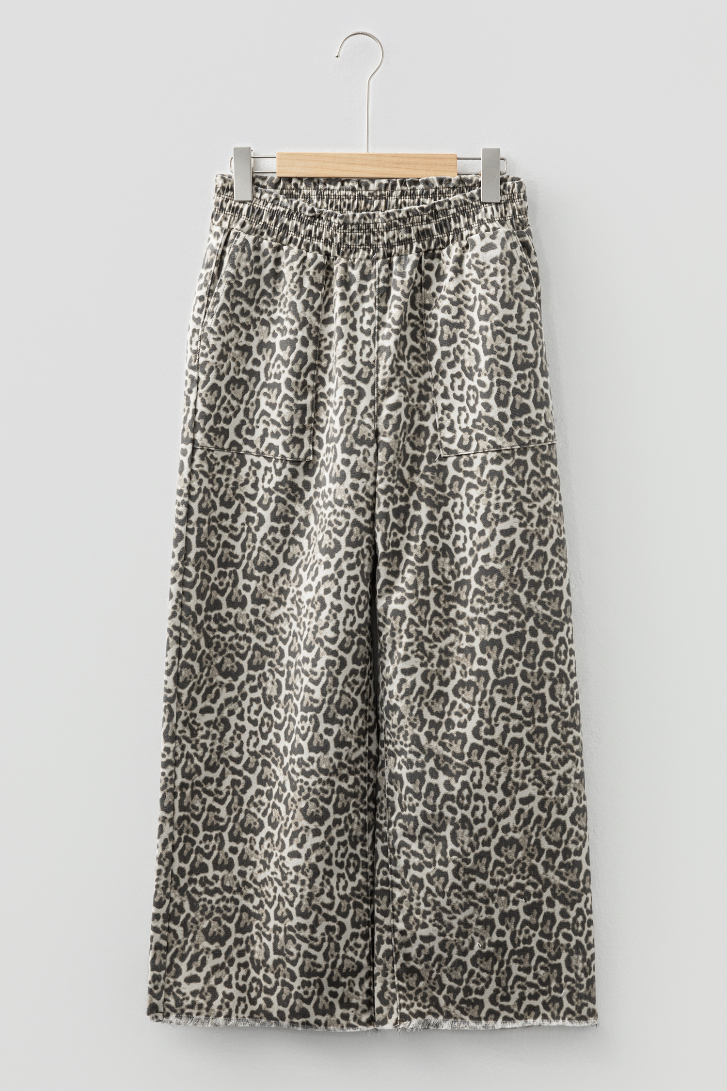 Brown Leopard Print Raw Hem Elastic Waist Loose Pull On Jeans