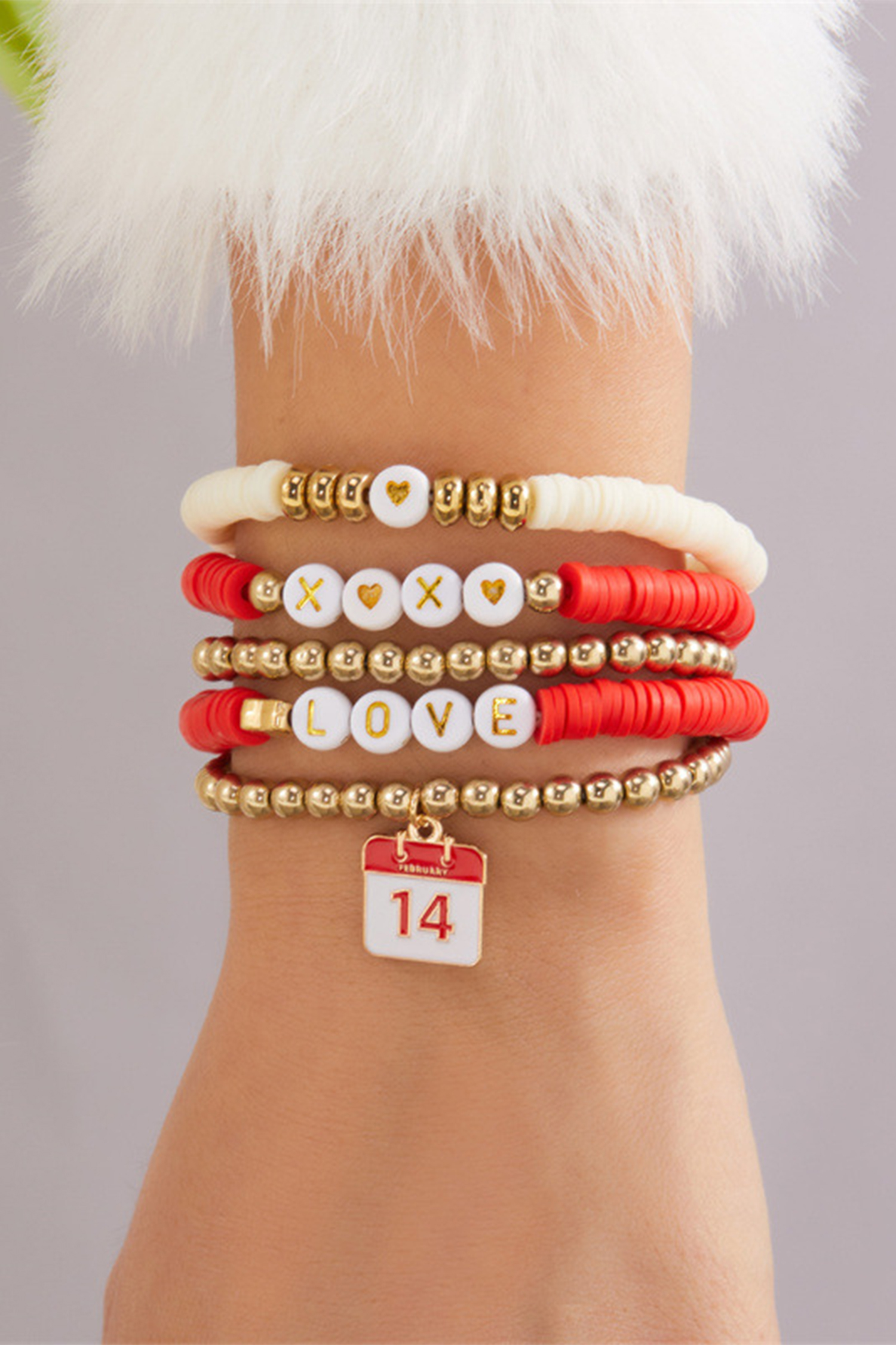 Gold Valentines Day Mixed Beads 5pcs Bracelet Set