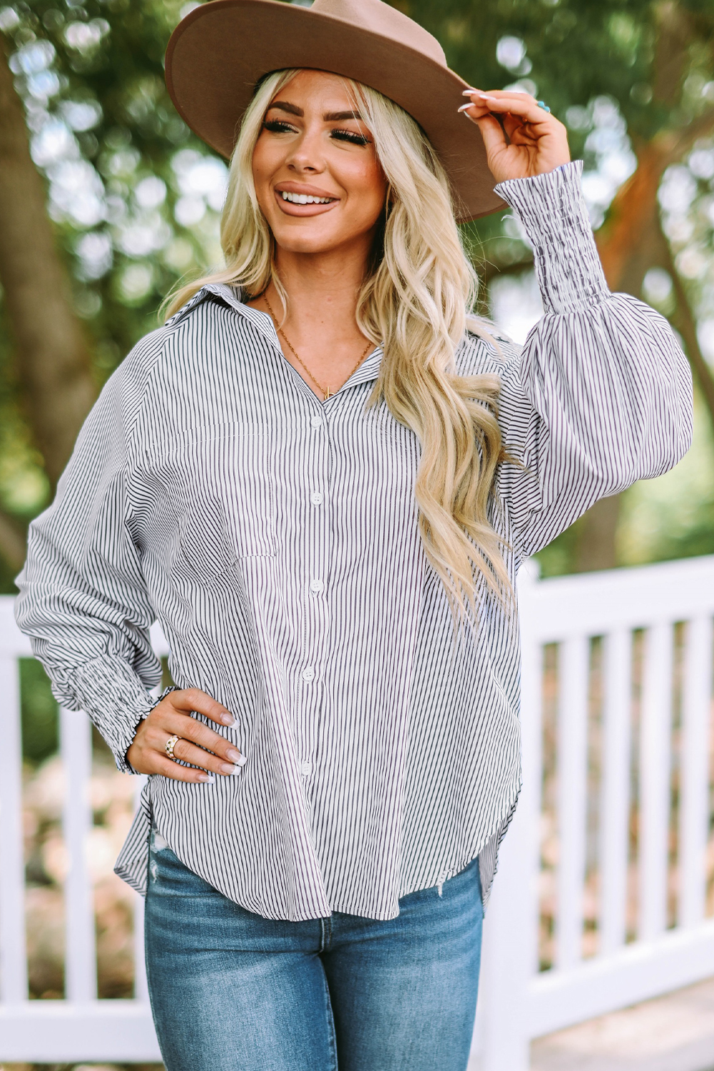 Red Stripe Smocked Cuffed Striped Boyfriend Shirt with Pocket