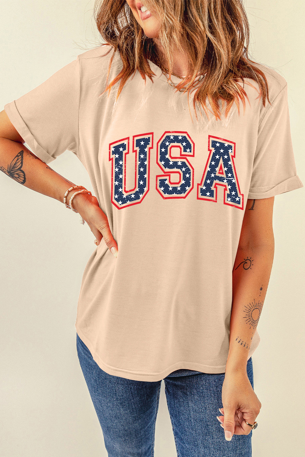 Gray Blooming USA Flag Print Casual T Shirt