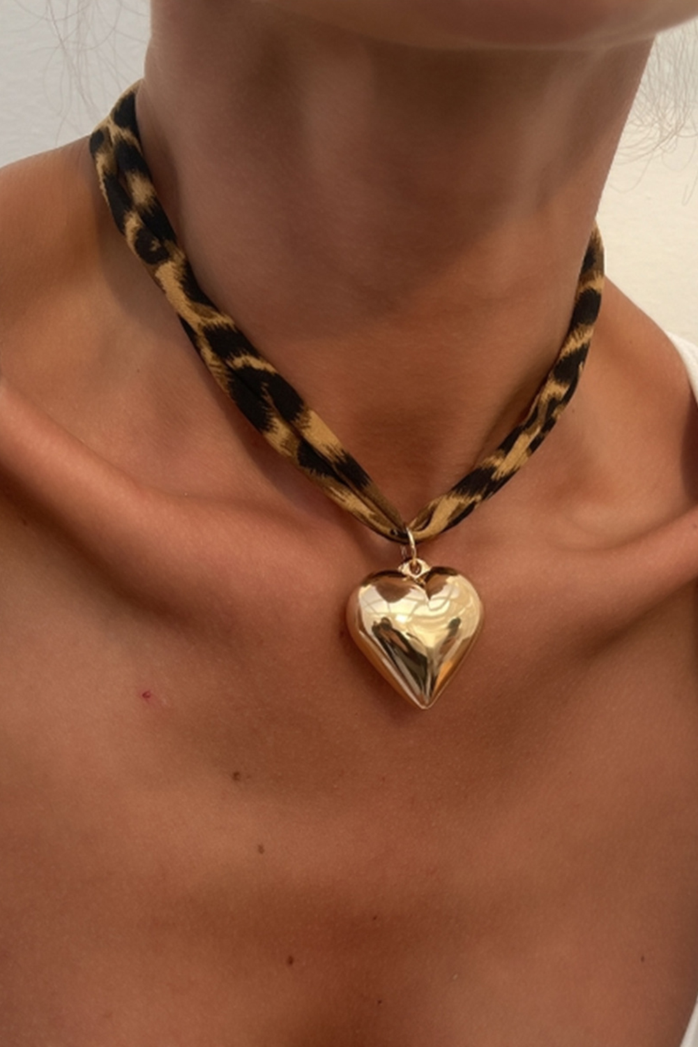 Gold Puffy Heart Charm Leopard Scarf Necklace